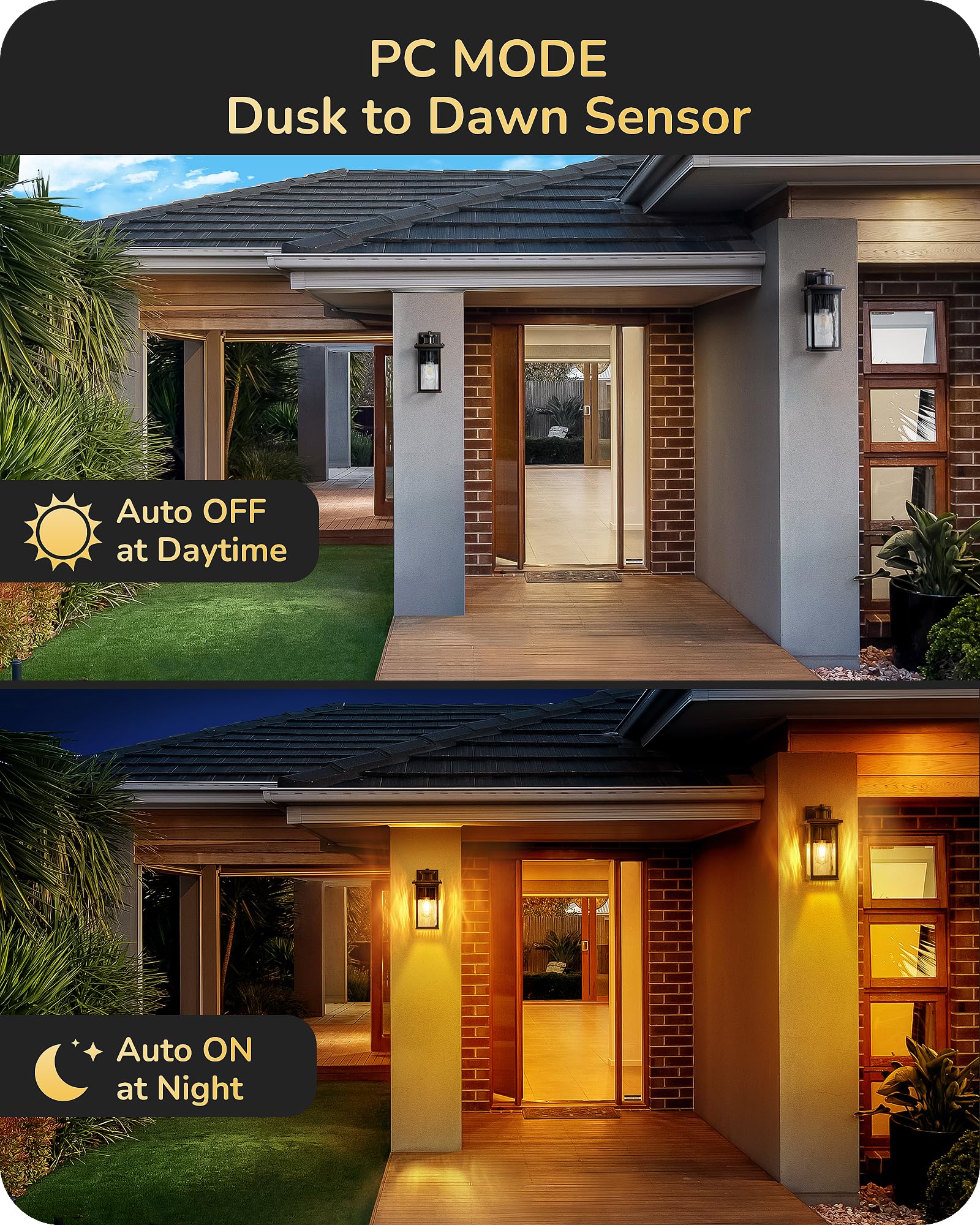 EDISHINE Motion Sensor Outdoor Wall Light, Dusk to Dawn, Waterproof, Black and Gold, 2 Pack, Model HOWL07