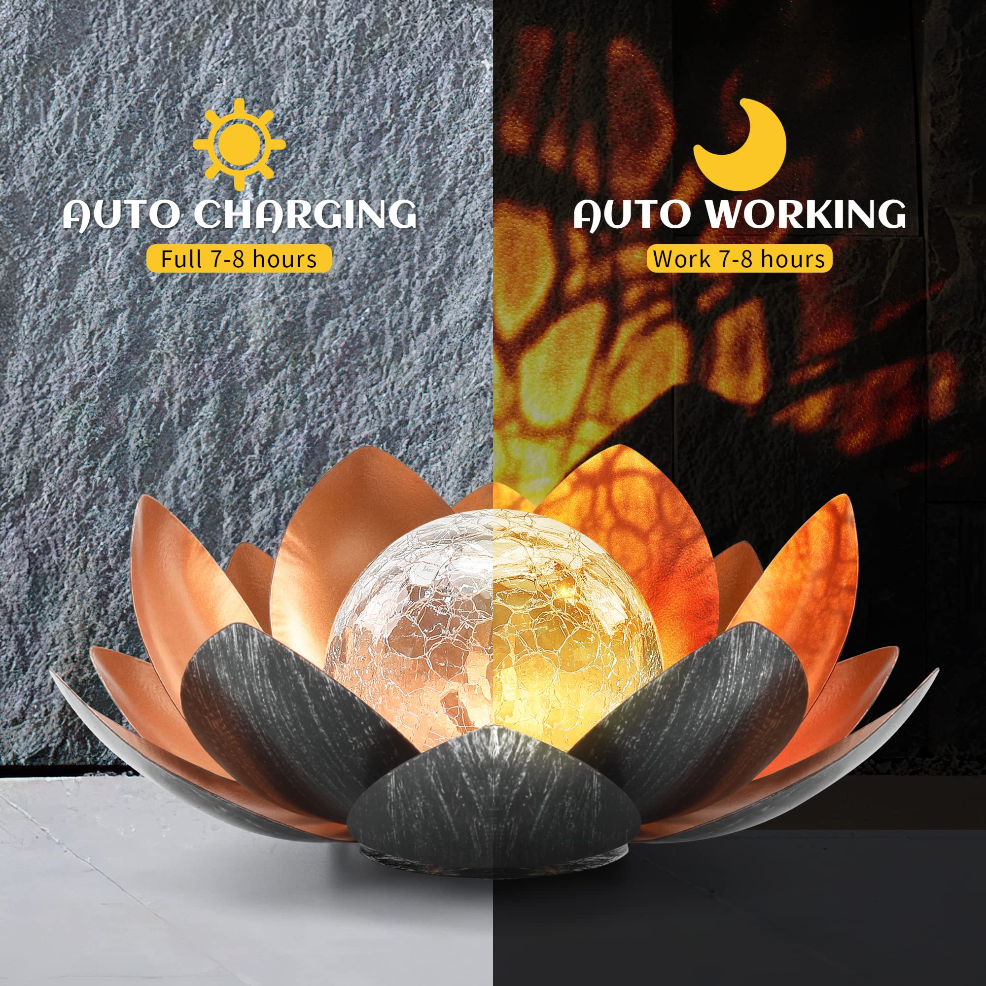 QZHP Outdoor Solar Lights,  le Glass Globe, Waterproof Metal Lotus, Copper, Model HP001