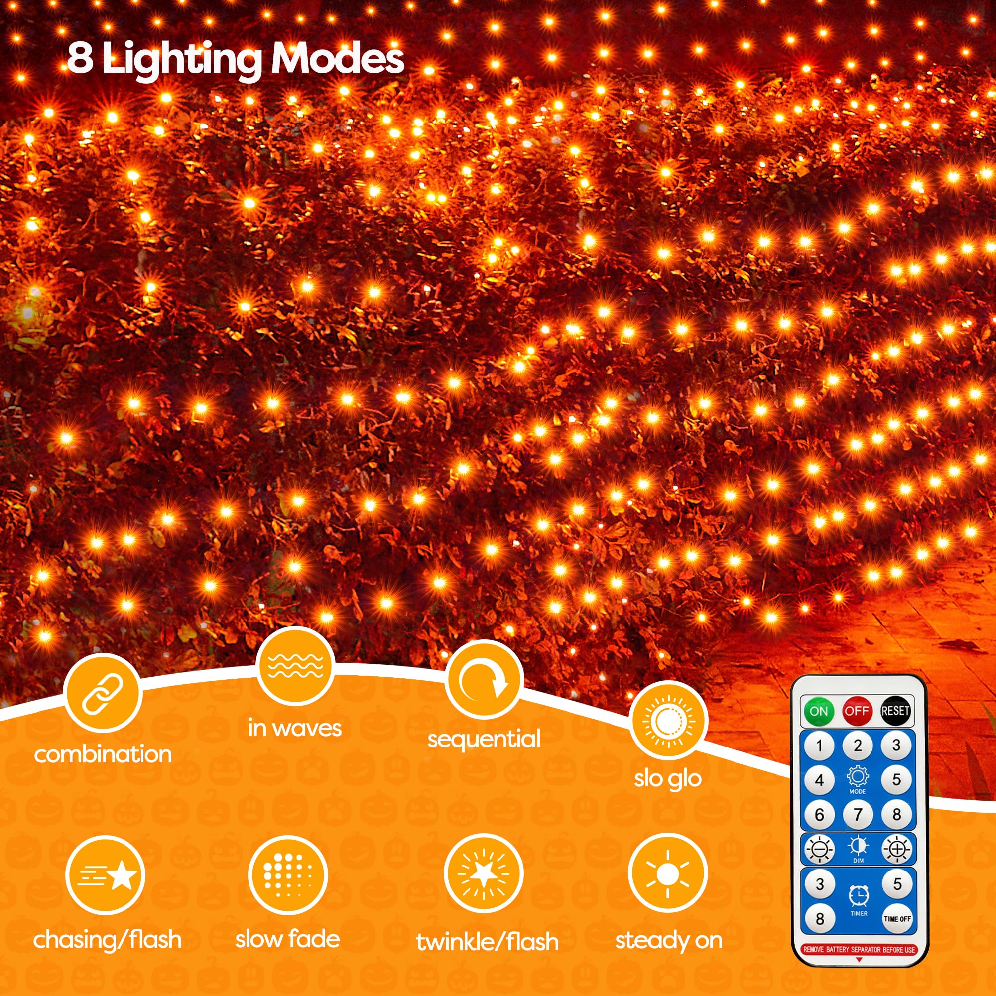 Wbao Solar Halloween Net Lights, 200Led 8.4Ft X 5.2Ft Orange Halloween Bush Lights With Remote, 8 Modes, Timer, Ip65 Waterproof & Dark Green Wire For Lawn, Bushes, Trees, Outdoor Halloween Decorations