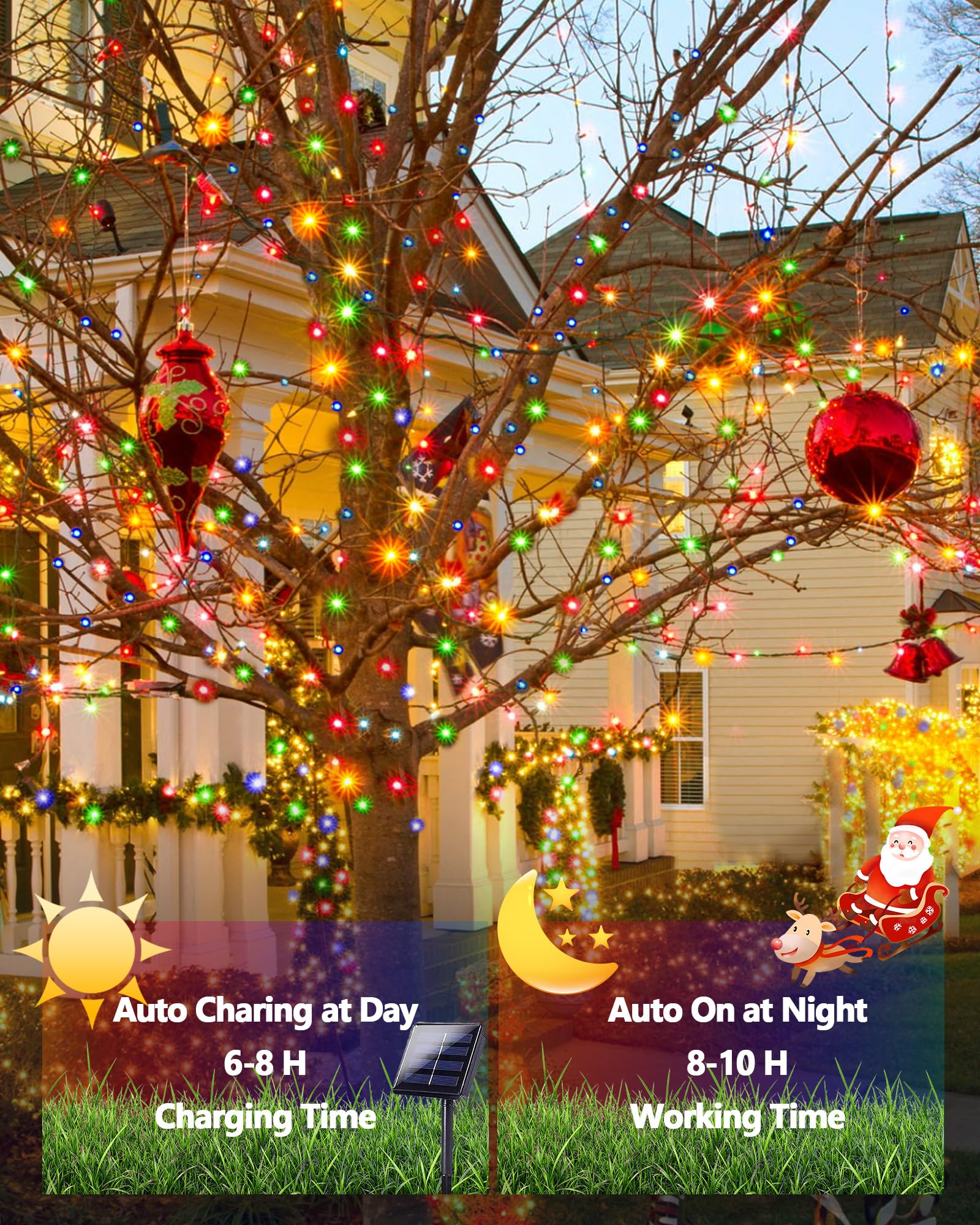 YIQU Solar String Lights 72FT 200 LED Multicolor Waterproof Green Wire 8 Lighting Modes for Outdoor Garden Party Decor