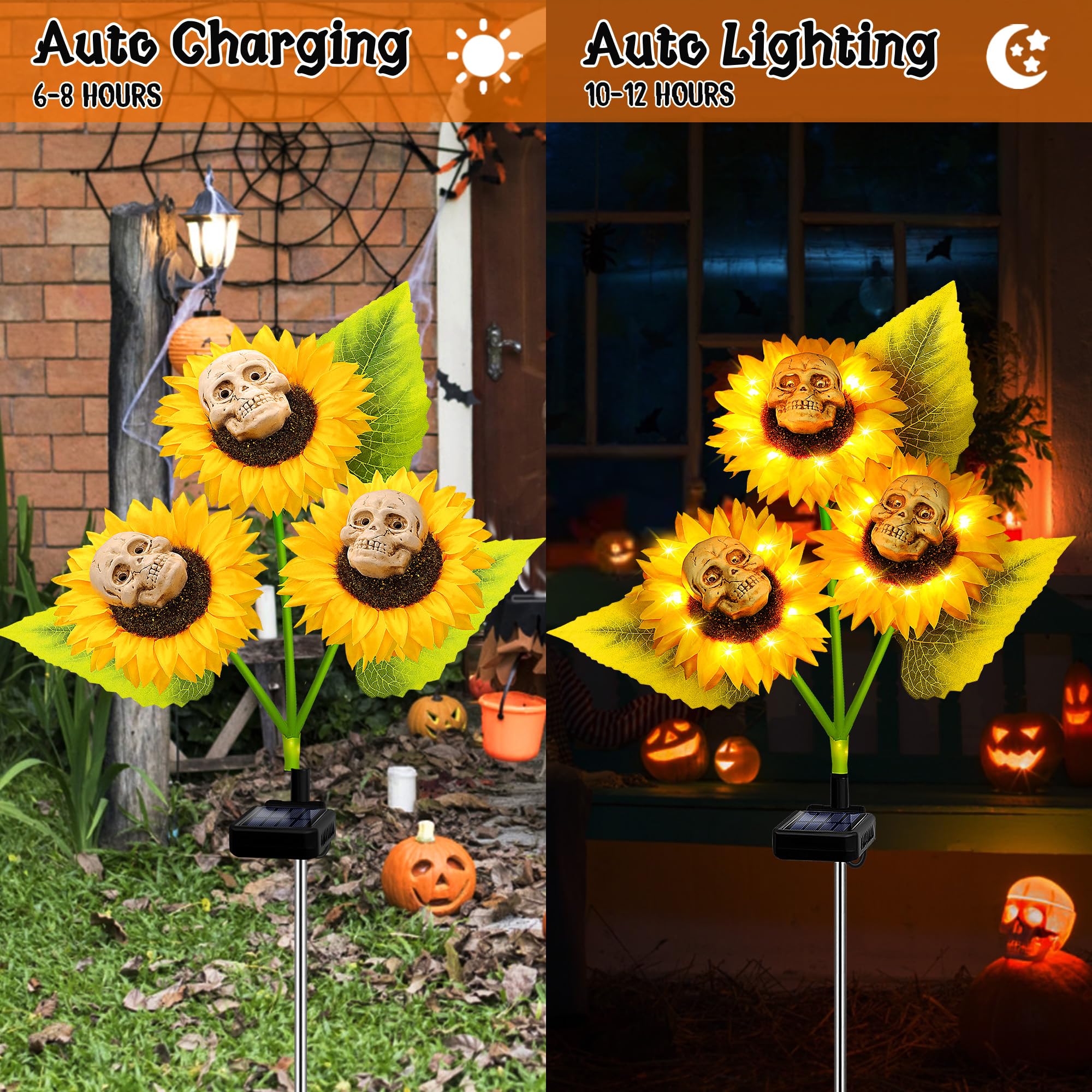 Halloween Decorations Outdoor, 2 Pack Solar Scary Skull Sunflowers Lights,Waterproof Solar Flowers Lights Solar Garden Lights For Halloween Yard Patio Lawn Party Decor