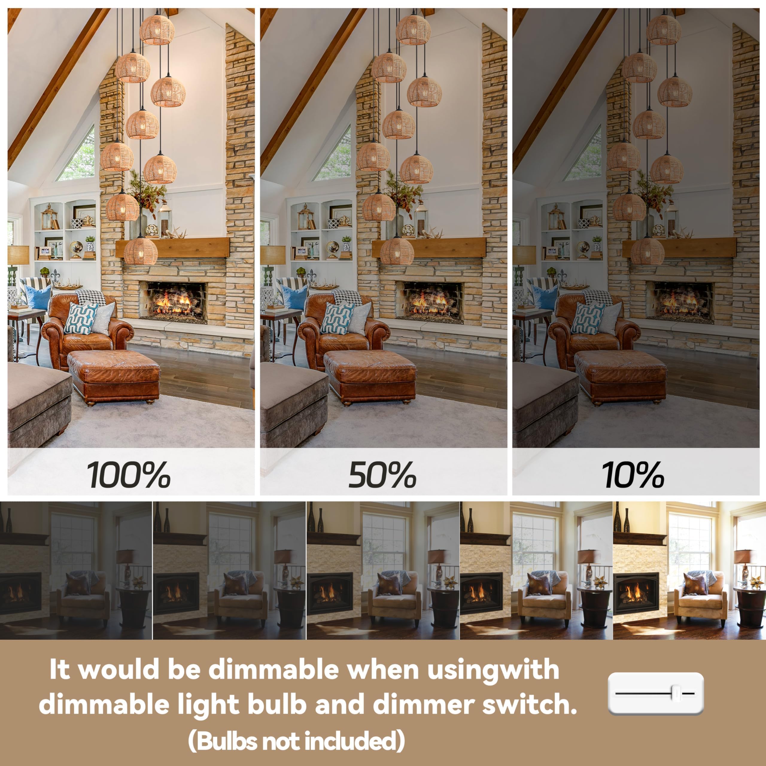 8-Light Woven Foyer Chandeliers For High Ceiling H100'',8 Dome Boho Rattan Pendant Light Farmhouse Ceiling Light,Rustic Hemp Rop