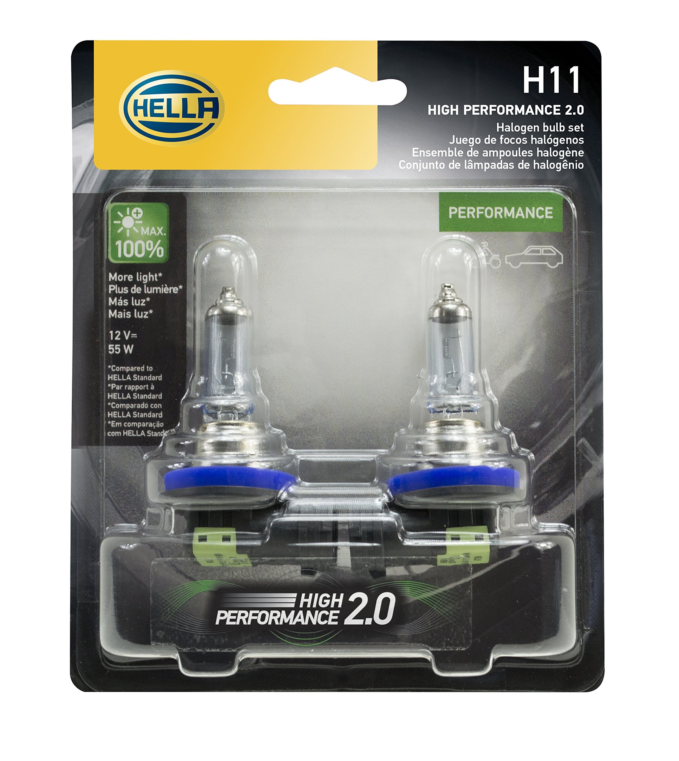 Hella H11 2.0TB High Performance Bulb, 12V 55W, 2 Pack, Blue, HP2.0