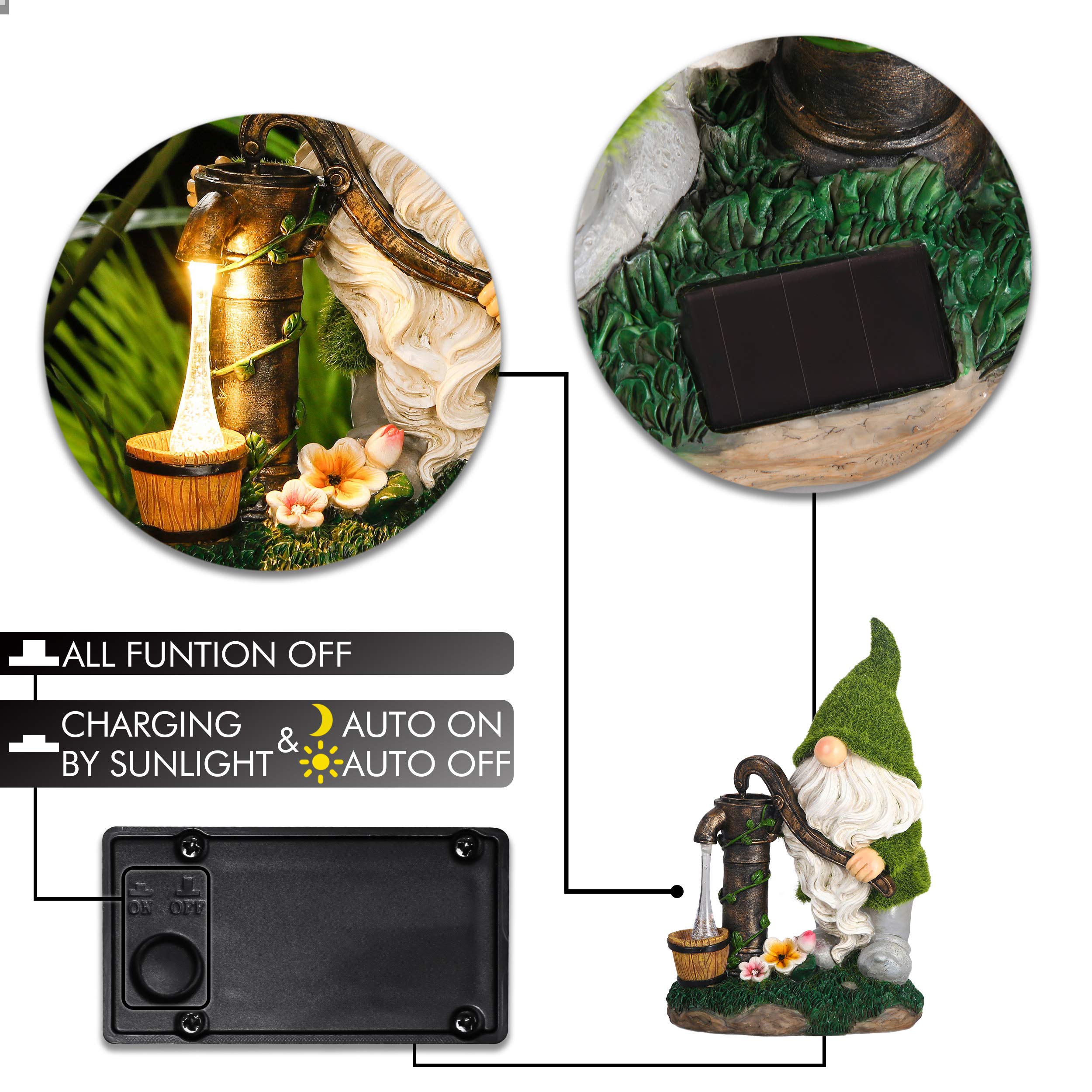 TERESA'S COLLECTIONS Garden Gnome Decor with Solar Lights, 9" Green Resin Outdoor Ornament for Porch & Patio