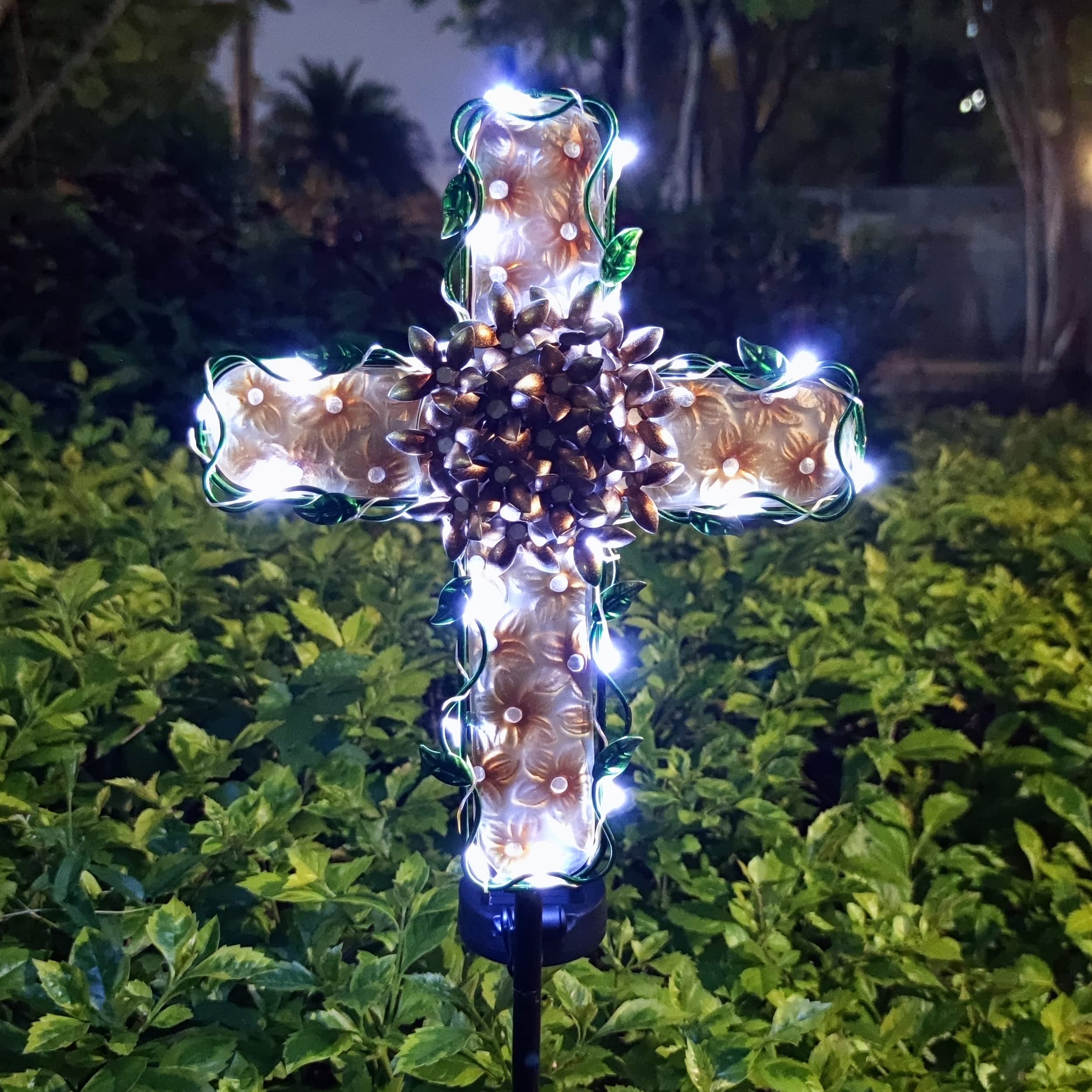 COOZZYHOUR Solar Cross Garden Lights - 38in Waterproof Metal & Glass, 20 White LEDs, Apricot Color, Model CZ-0029