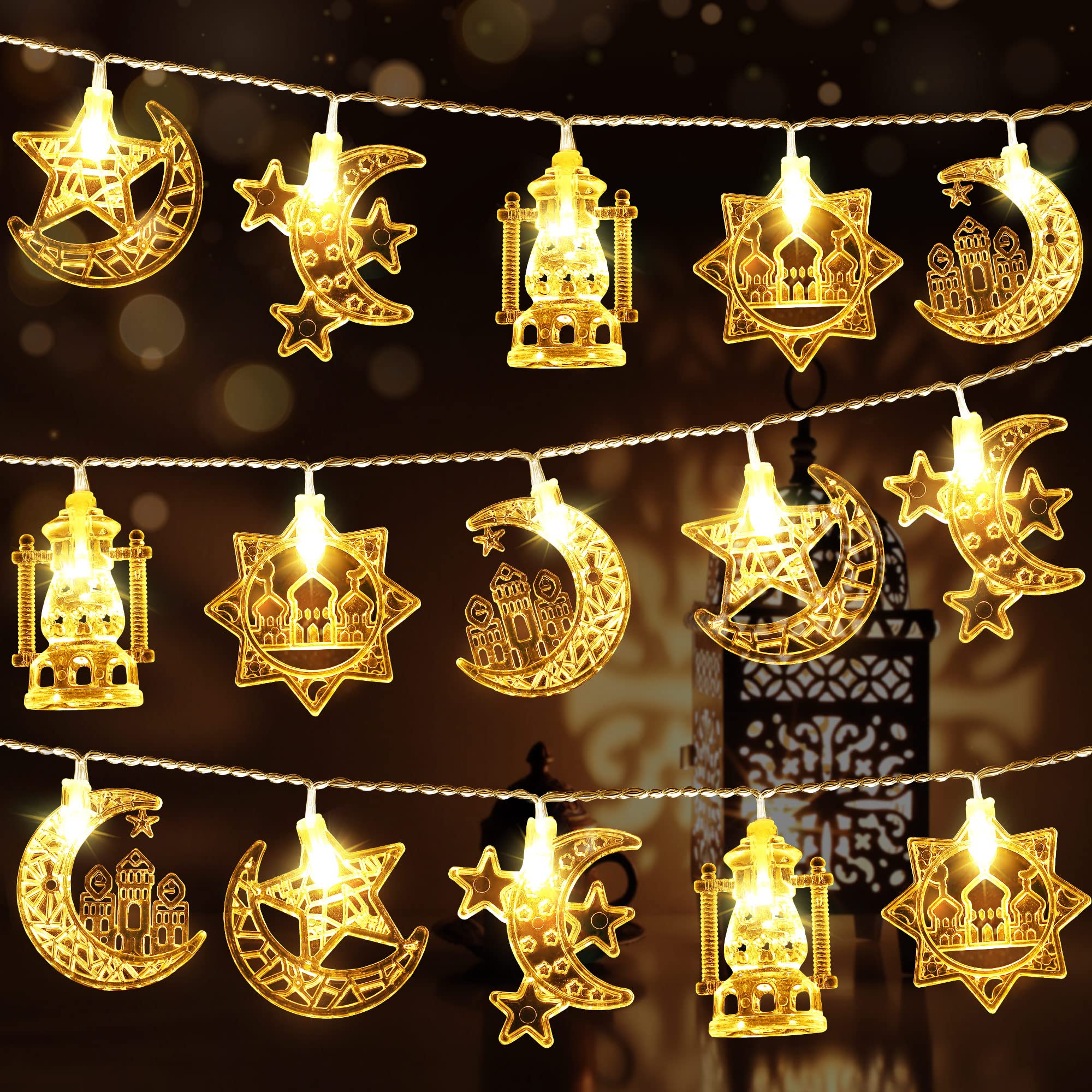 Hiboom 2 Pack 16 ft Moon Star Ramadan String Lights 30 LEDs, Battery Operated Eid Mubarak Fairy Lights for Ramadan Decoration Ei