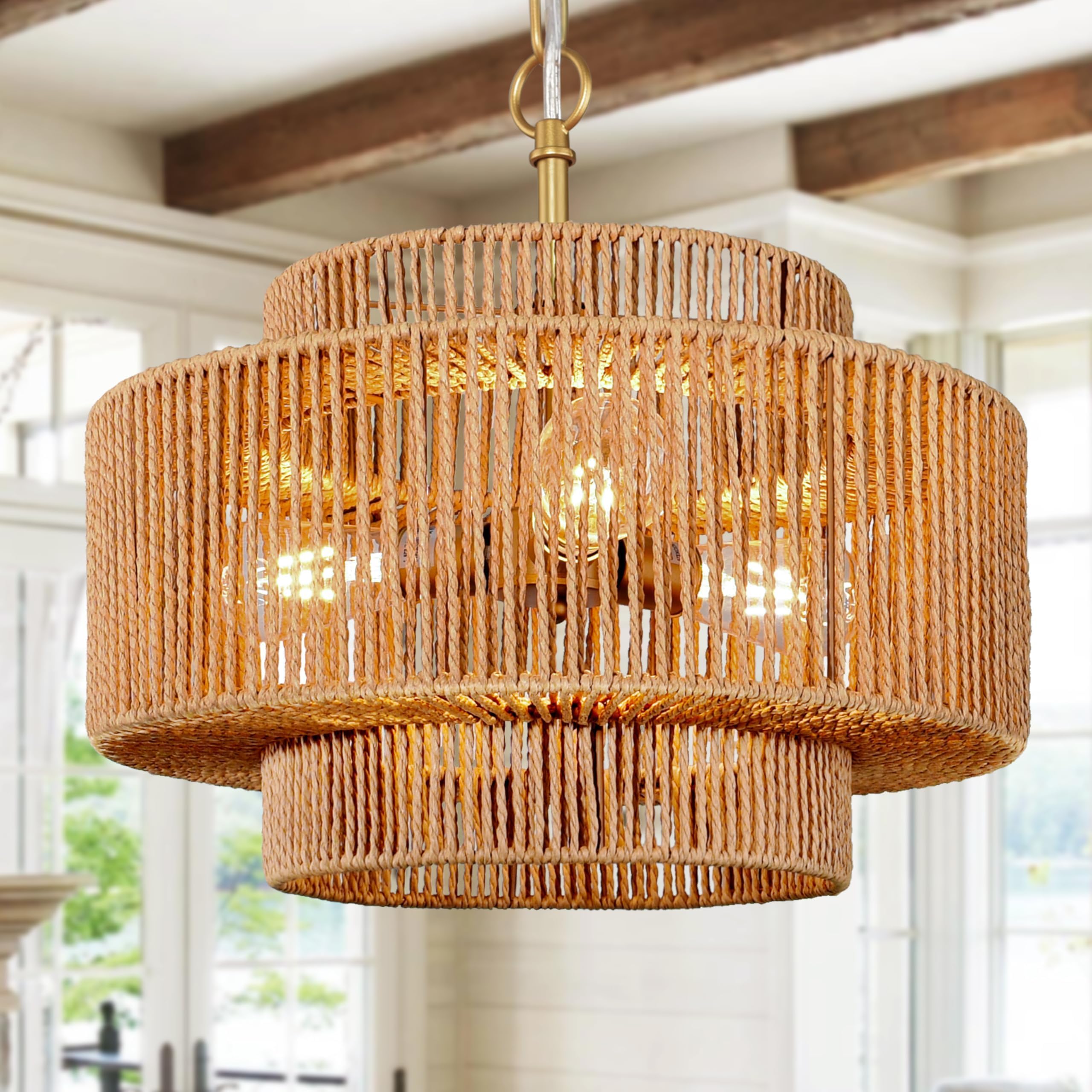 Bagood 18''Rattan Pendant Light Gold Woven Pendant Light 3-Light Boho Chandelier Light Fixture 3-Tier Wicker Pendant Light Rusti