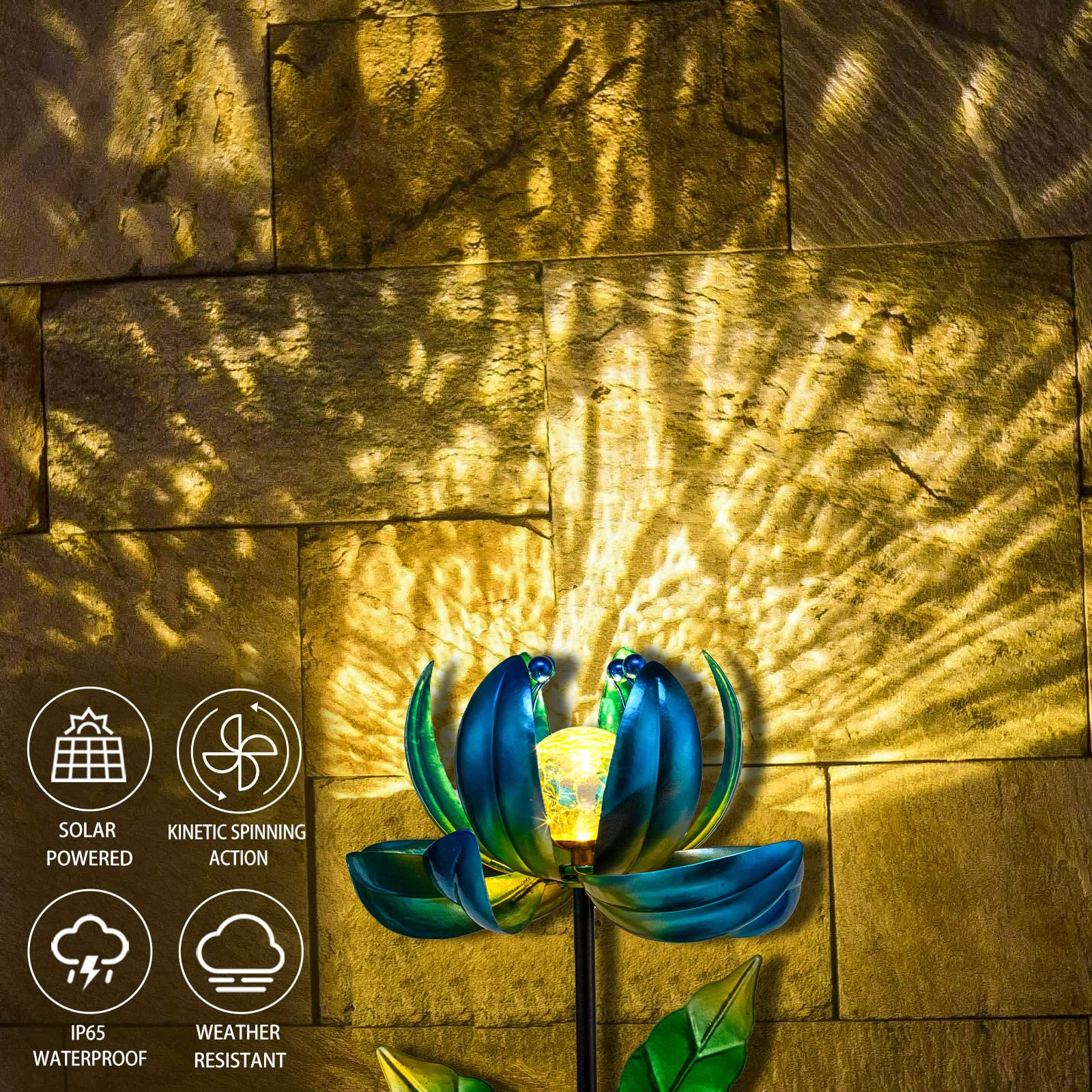 Huaxu Solar Outdoor Lights 35.4In Garden Decor Flower Wind Spinners,Waterproof Led Crackle Glass Globe Blue Lotus Art Metal Stak