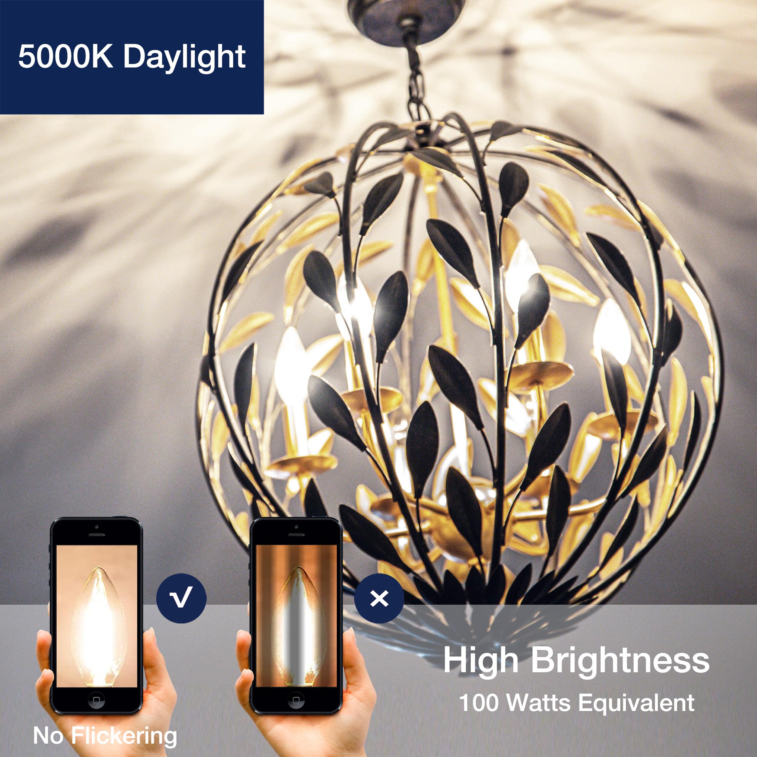 Flsnt 100W Equivalent Led Chandelier Light Bulbs E26 Base, 5000K Daylight Dimmable Led Candelabra Bulbs, 800Lm, 12Pack