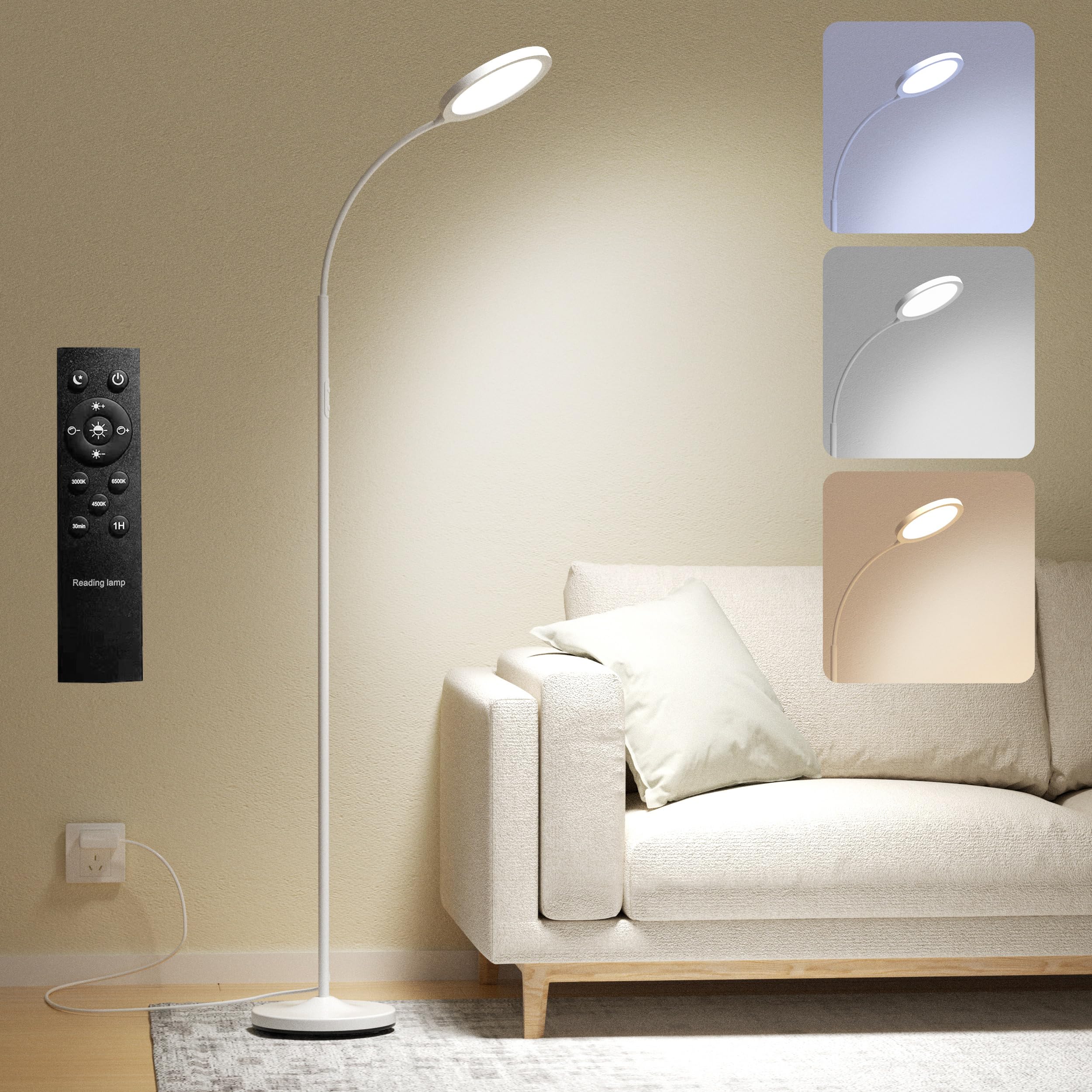 Cream White Floor Lamp,Super Bright Dimmable LED Lamps for Living Room, Custom Color Temperature Standing Lamp with Remote Push Button, Adjustable Gooseneck Reading Floor Lamp for Bedroom Office