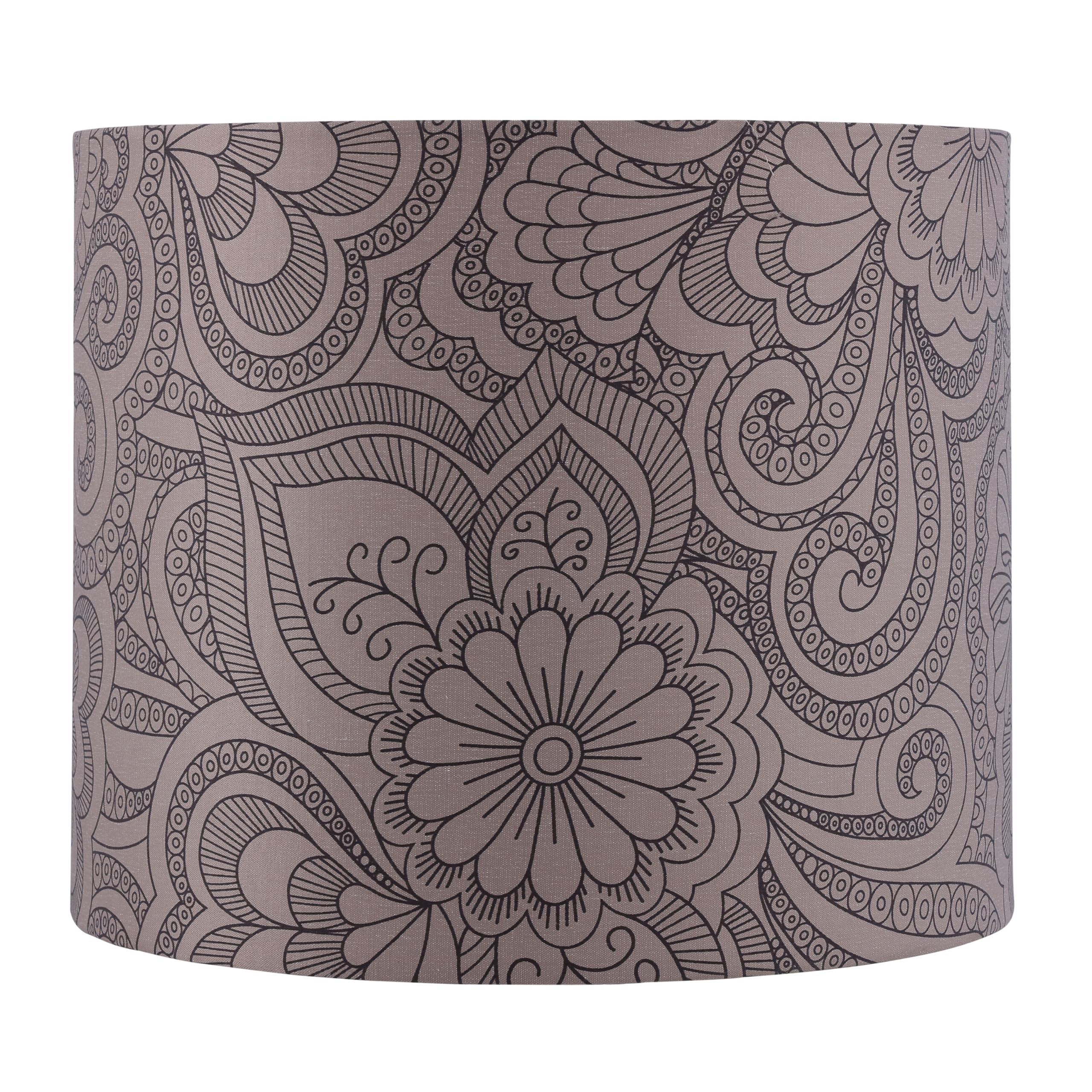 Aspen Creative Drum Lamp Shade, 12in Wide, Beige with Black Floral Design, Model 31108, Tetoron/Cotton Material
