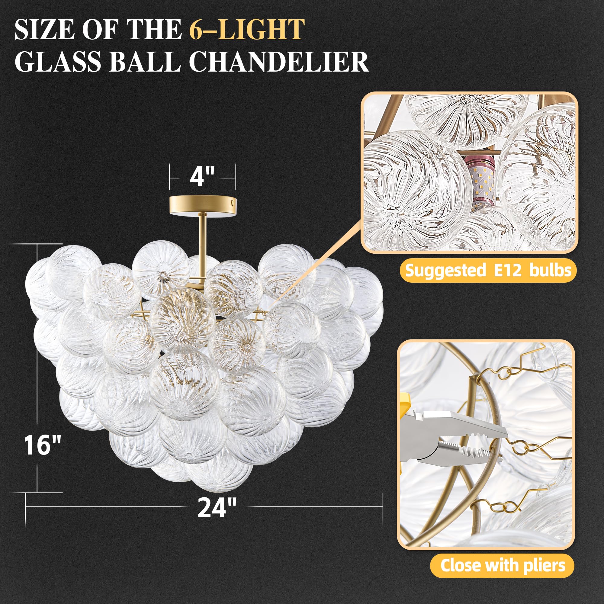 Beypan Semi Flush Mount Bubble Ball Chandelier Clear Swirled Ribbed Blown Glass Globe Gold Chandeliers Ceiling Light Fixture Dia 24" For Dining Living Room Bathtub Bathroom