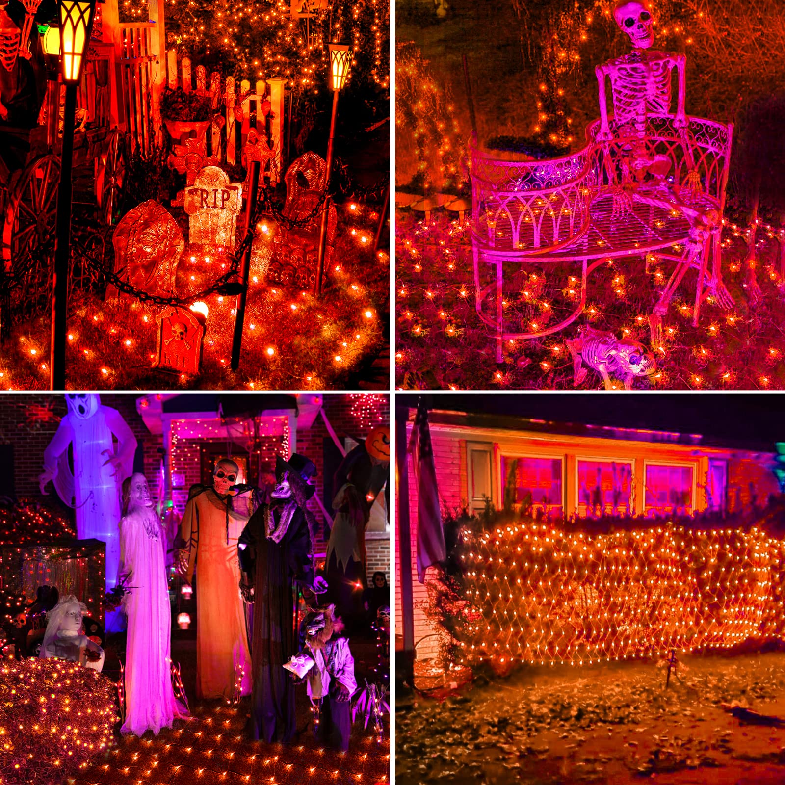 BlcTec Halloween Net Lights, 200 LED, 8.2ft x 4.9ft, Waterproof, Orange, Connectable, Energy-Saving, Green Wire Design