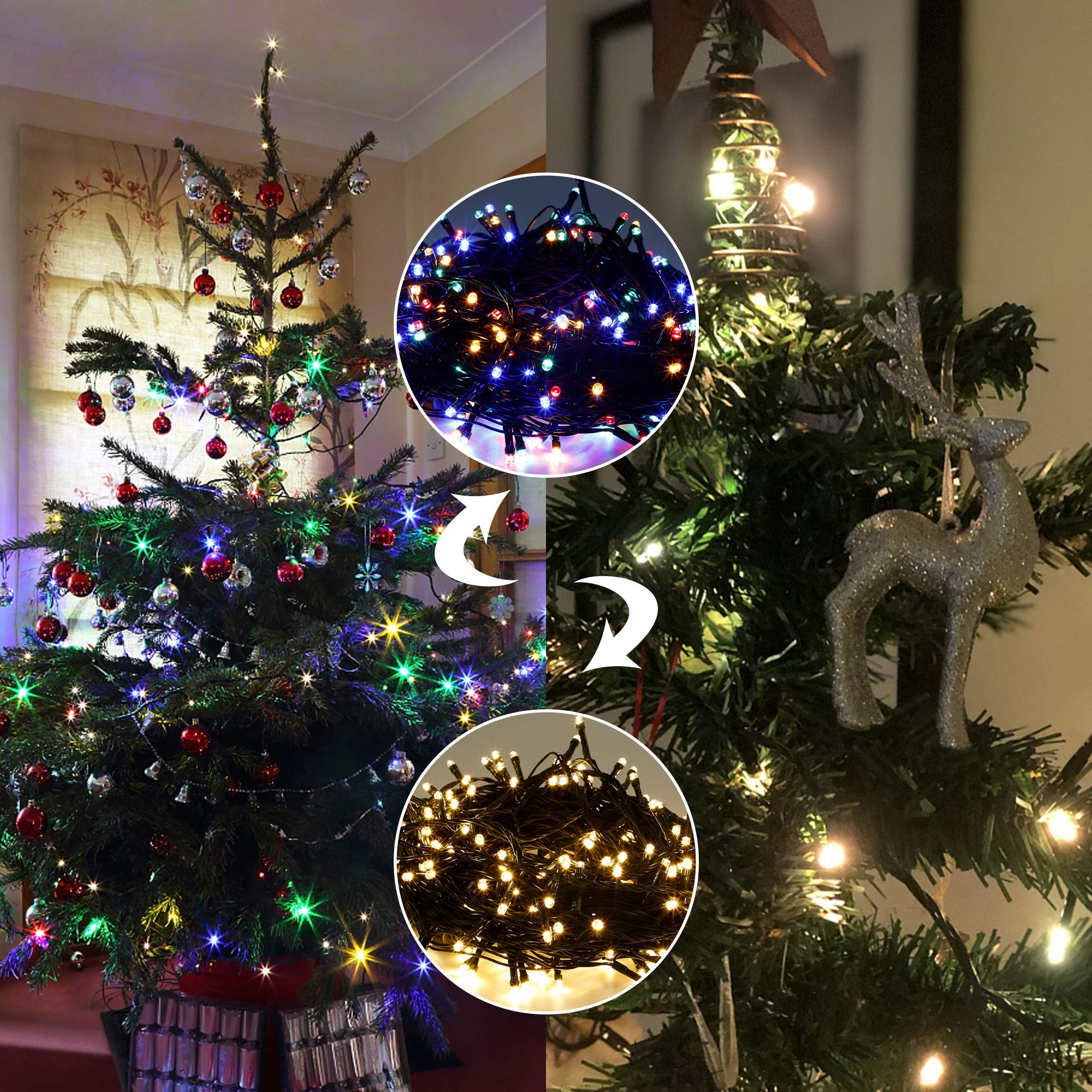 Twinkle Star Christmas String Lights, 66ft 200 LED Color Changing Tree Light Plug in 11 Modes Functions Warm White & Multicolor