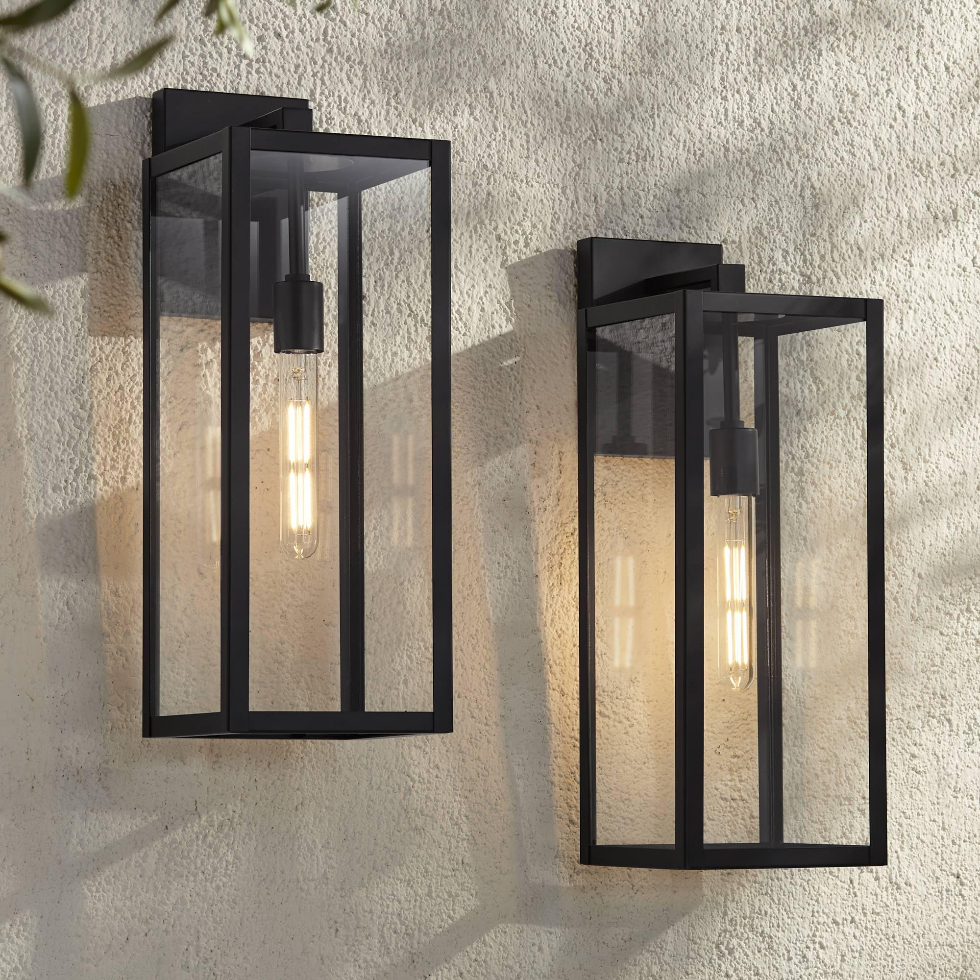 John Timberland Outdoor Wall Light Fixtures Set of 2, Black Metal, 20in Clear Glass Panels, Rectangular Box Frame