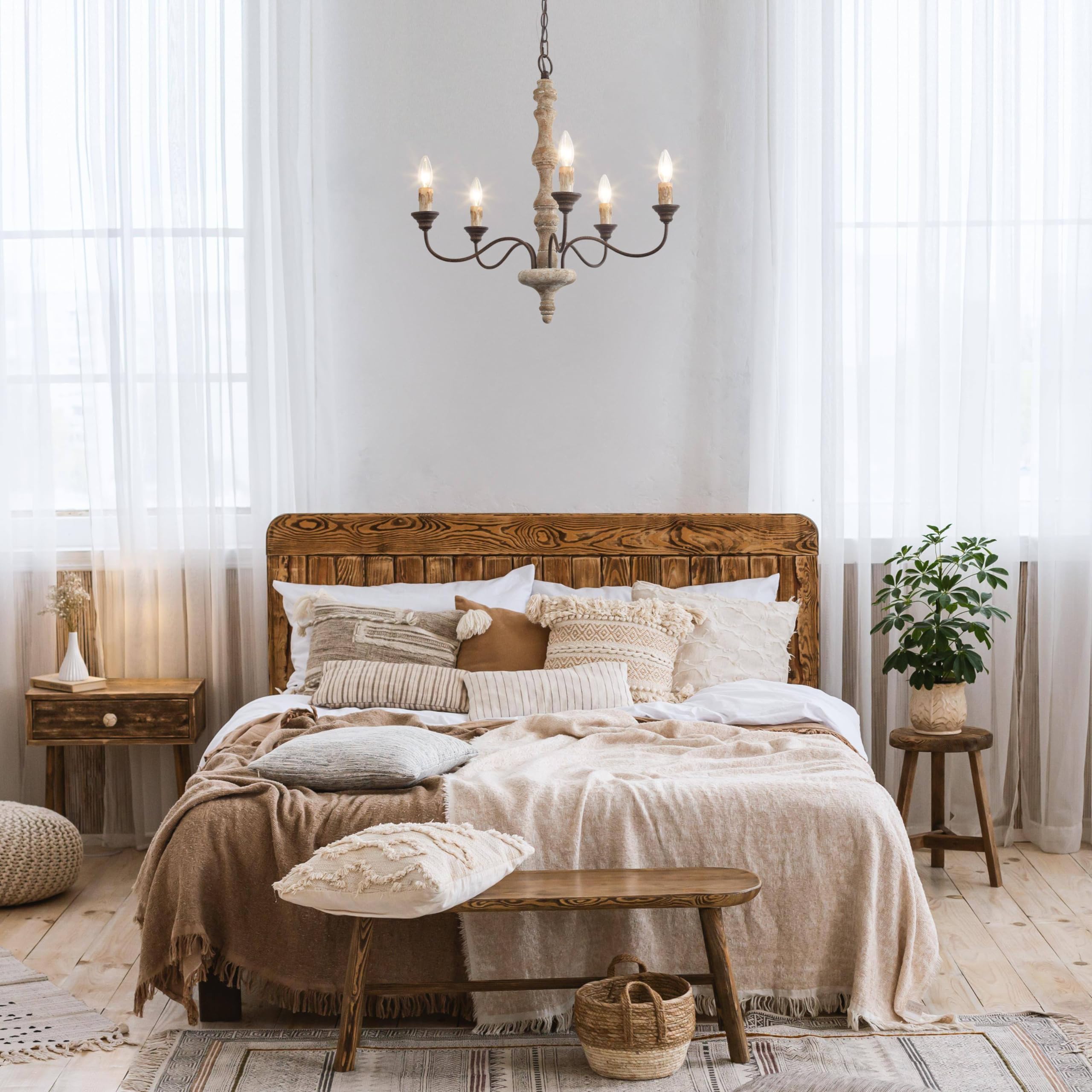 Gepow Farmhouse Chandelier, 5-Light French Country Chandelier, Rustic Distressed Wood Chandeliers Light Fixture For Dining Room,