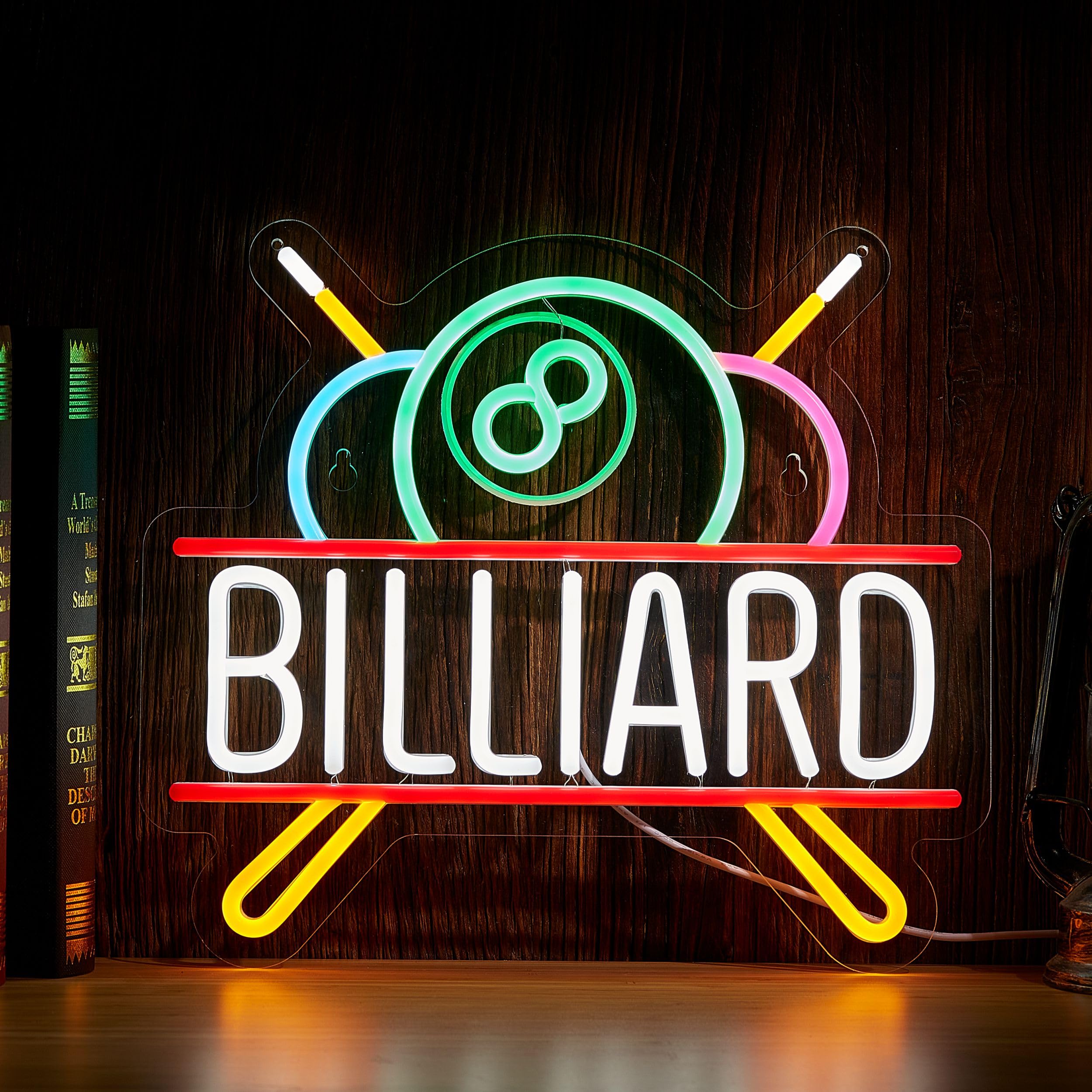 NEONLAND Billiards Neon Sign LED Light for Pool Room Wall Decor 14.2inx12.6in White + Red USB Powered Dimmable Model NL-BILLIARD