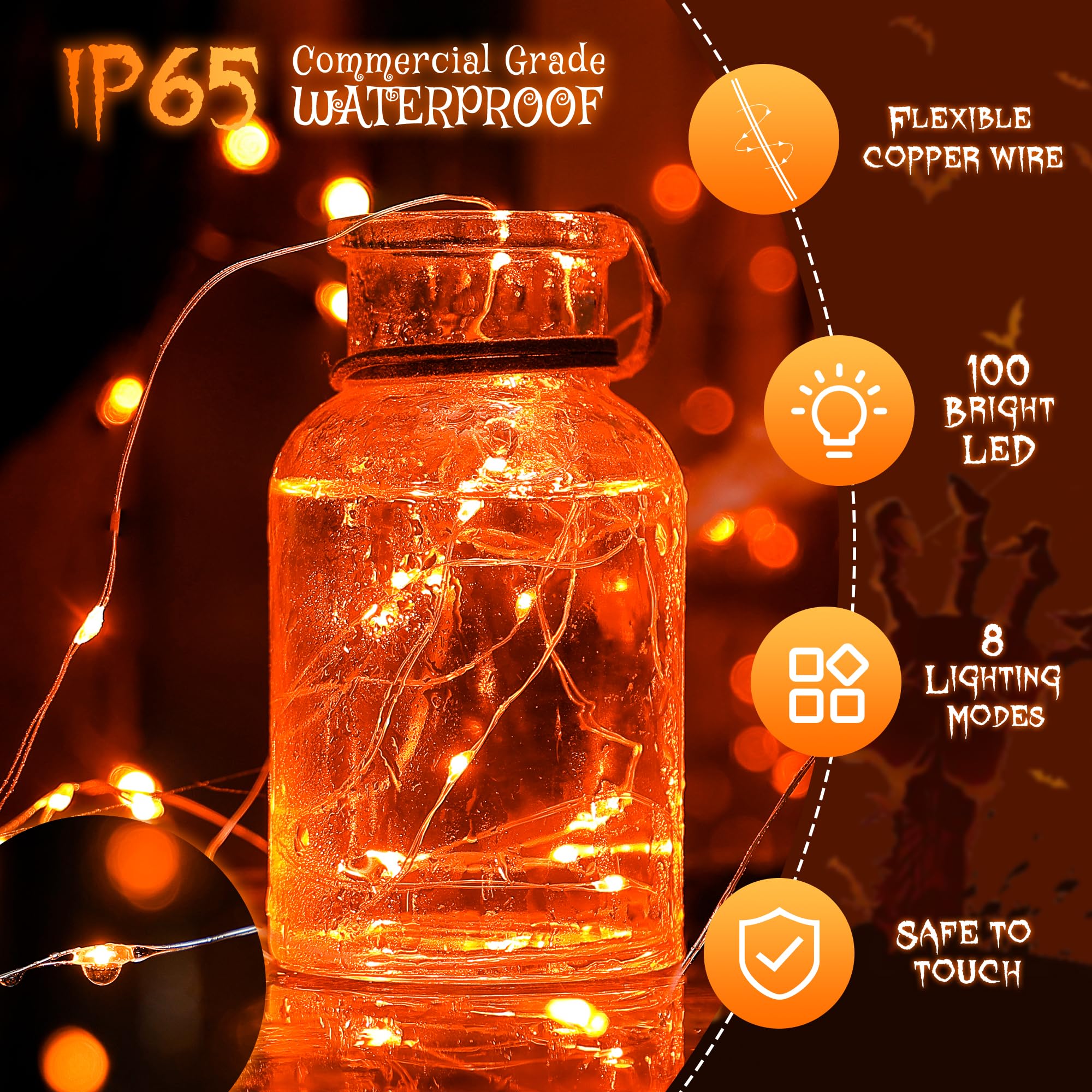 Woohaha Solar Halloween Lights, 33ft 100LED, Copper Wire, 2 Pack, Orange, Model WHSLL-100-33-O-OR