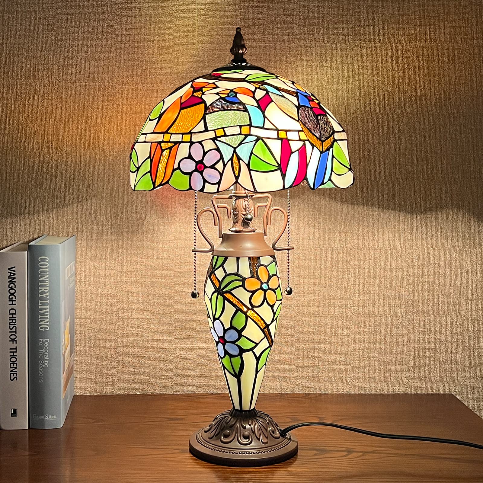 Capulina Tiffany Lamp Stained Glass Table Lamp 12X12X23 Inches 3-Light Cardinal Birds Mother-Daughter Vase Style Desk Reading Light Decor For Home Office Bedroom Living Room