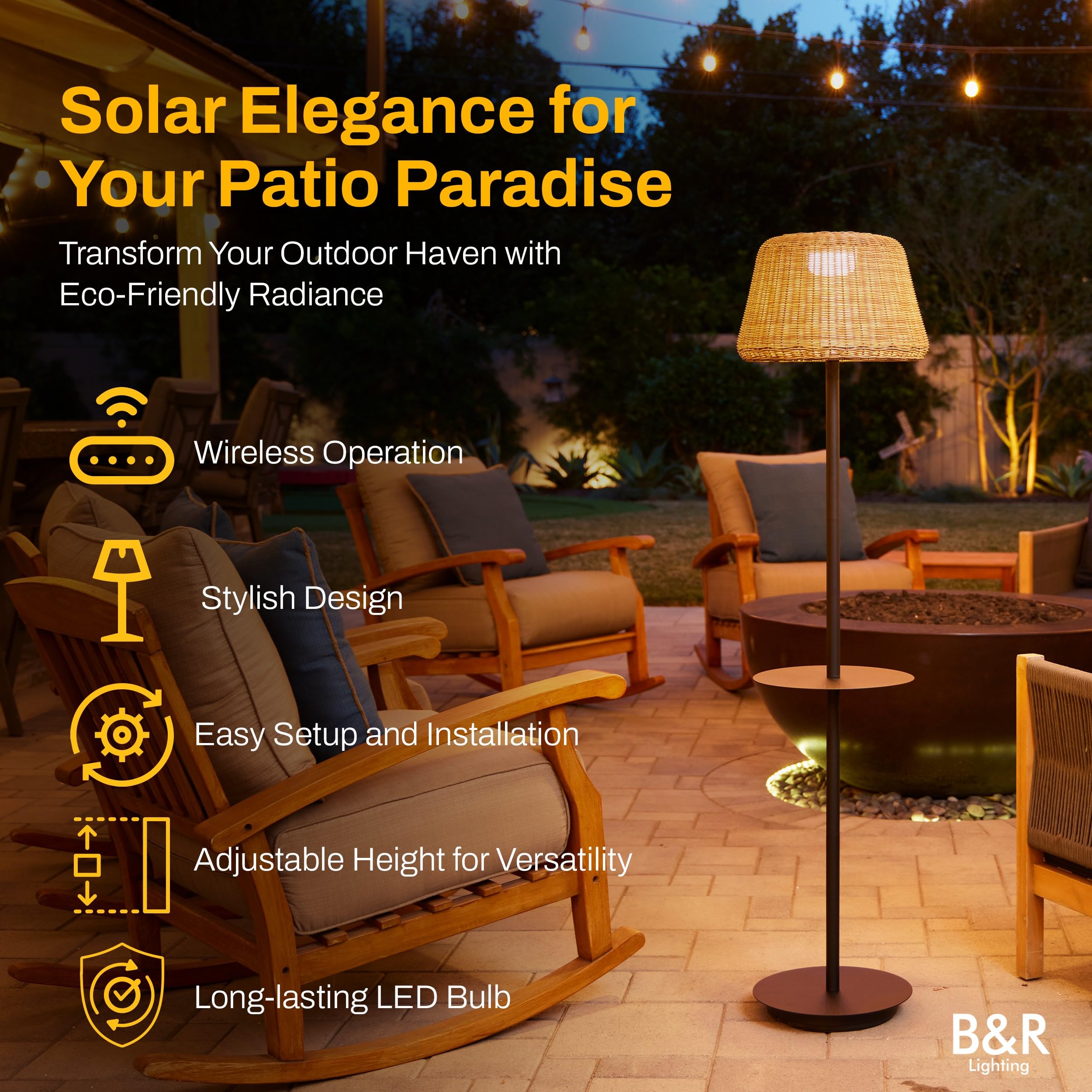 Solar Outdoor Floor Lamp With Table - Cordless Outdoor Floor Lamp - Patio, Porch, Garden - Rattan Wicker Lights For Outside - Waterproof, Rechargeable, Weatherproof