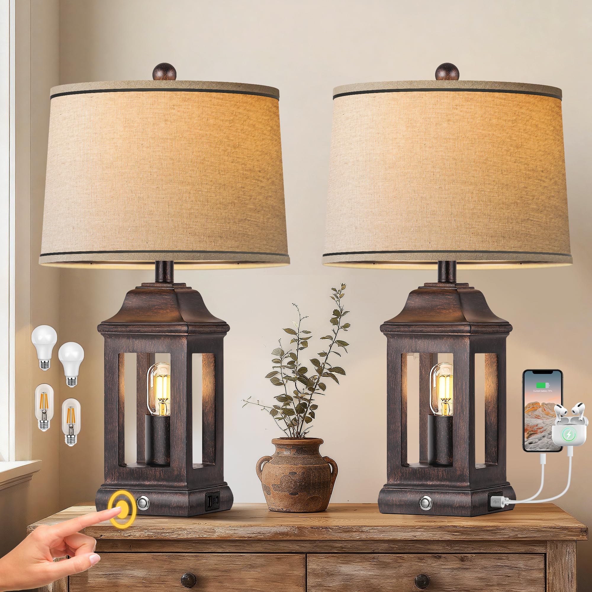 24 Rustic Farmhouse Table Lamps for Living Room Set of 2, Touch Dimmable Nightlight Vintage Bedside Lamps with USB A+C Ports & D