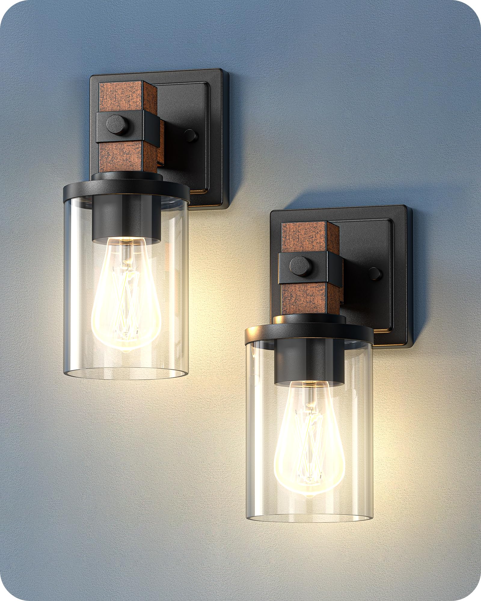 Edishine Farmhouse Wall Sconces Set Of 2, Rustic 1-Light Bath Lights With Clear Glass Shade