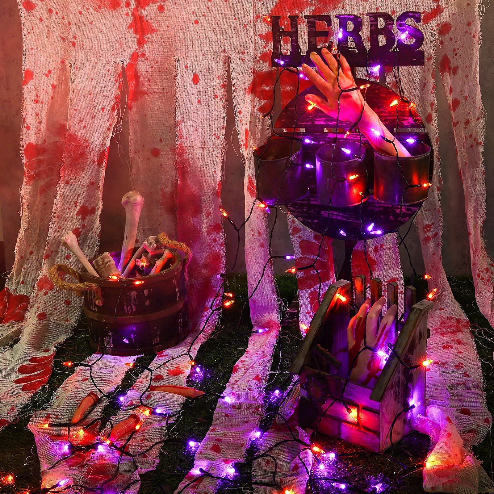 Joomer 33ft 100 LED Mini String Lights, Battery Operated, Waterproof, 8 Modes, Orange Purple for Halloween Decorations