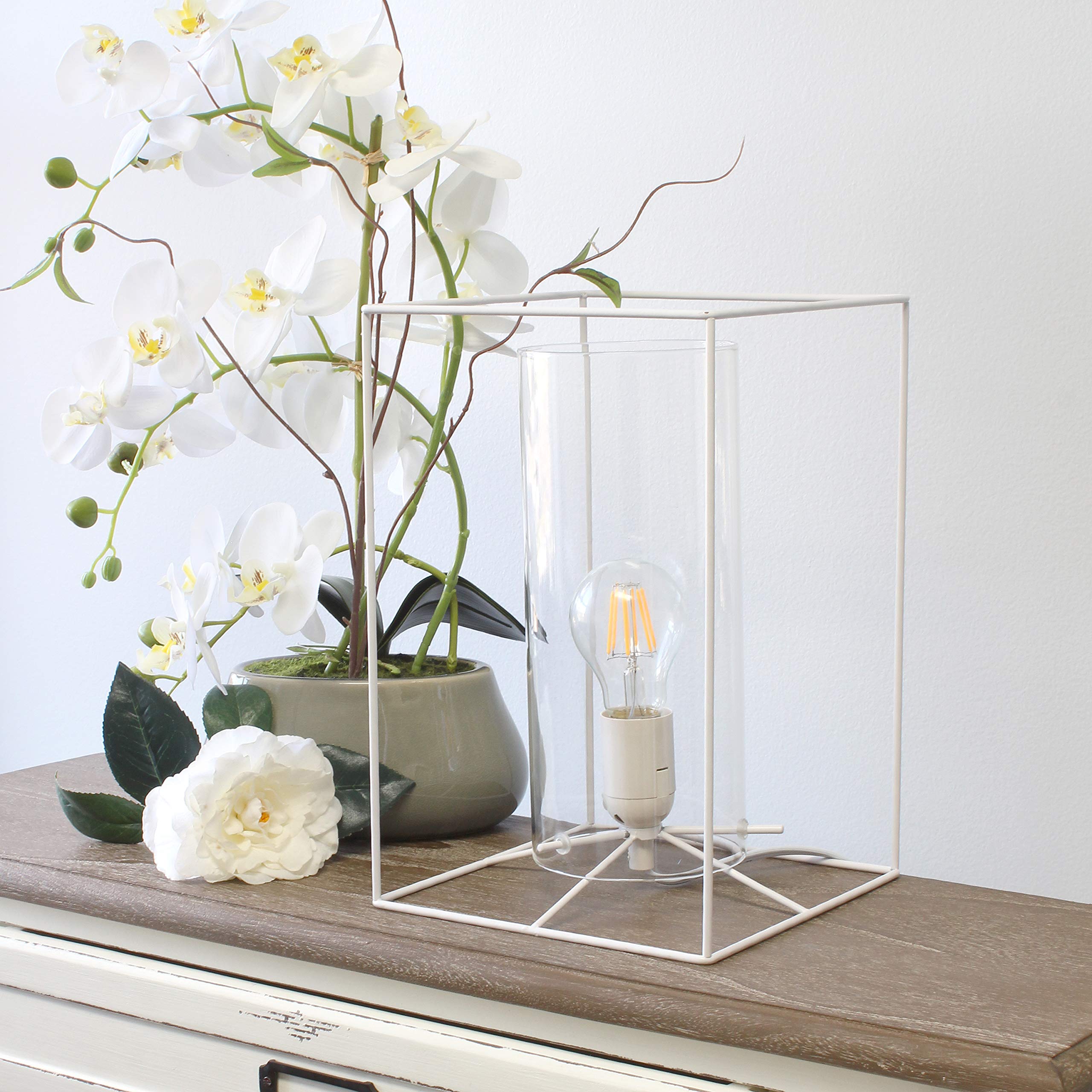Elegant Designs LT2070-WHT Table Lamp, Large 11.8in, Metal, White & Clear Glass