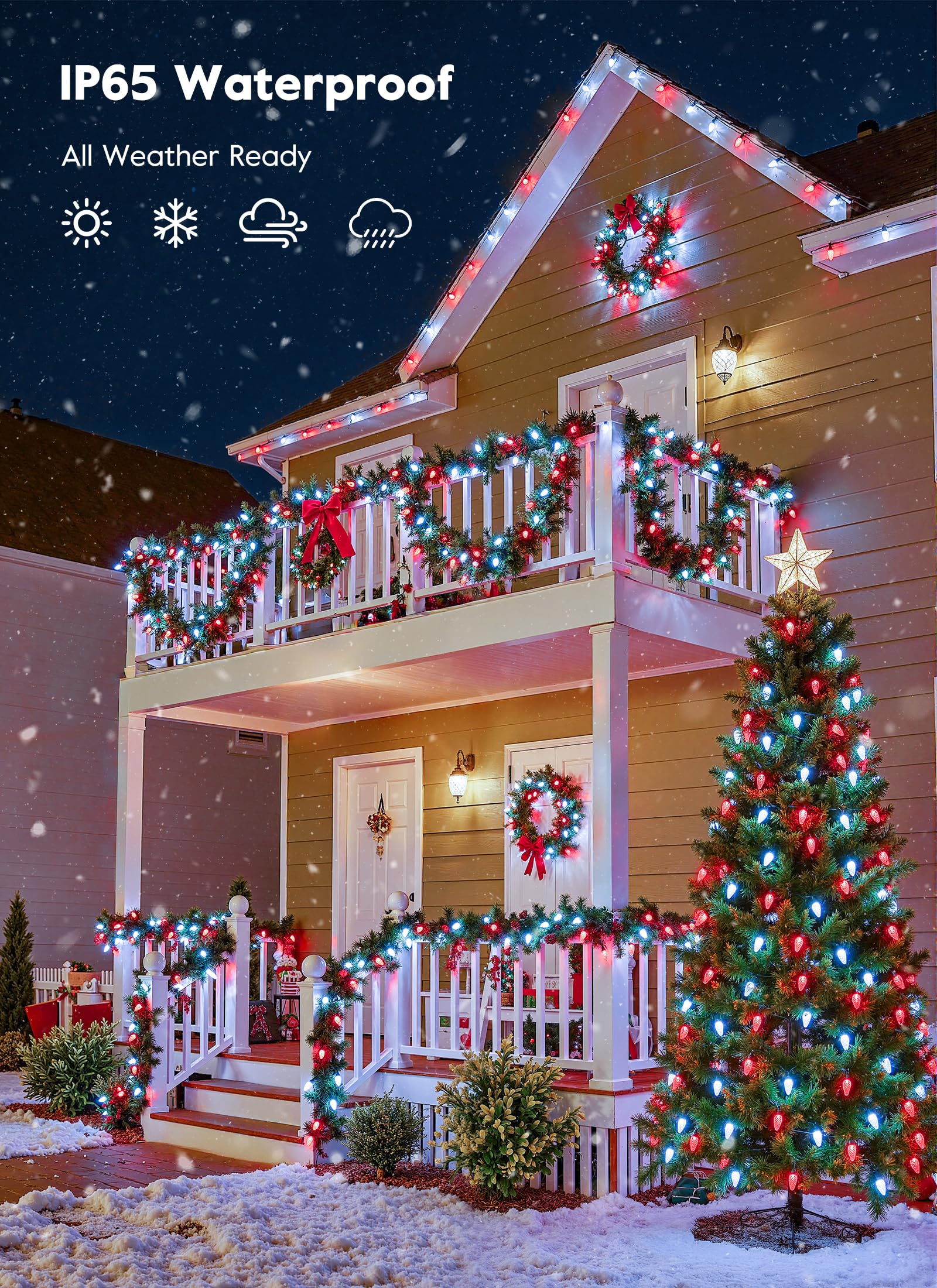 Brightown C9 Christmas Lights Outdoor  114Ft 150 Led Red And Pure White String Lights With Timer  8 Modes  Ul Listed Waterproof Connectable Christmas Tree Lights For House  Roof  Garden  Patio Decor