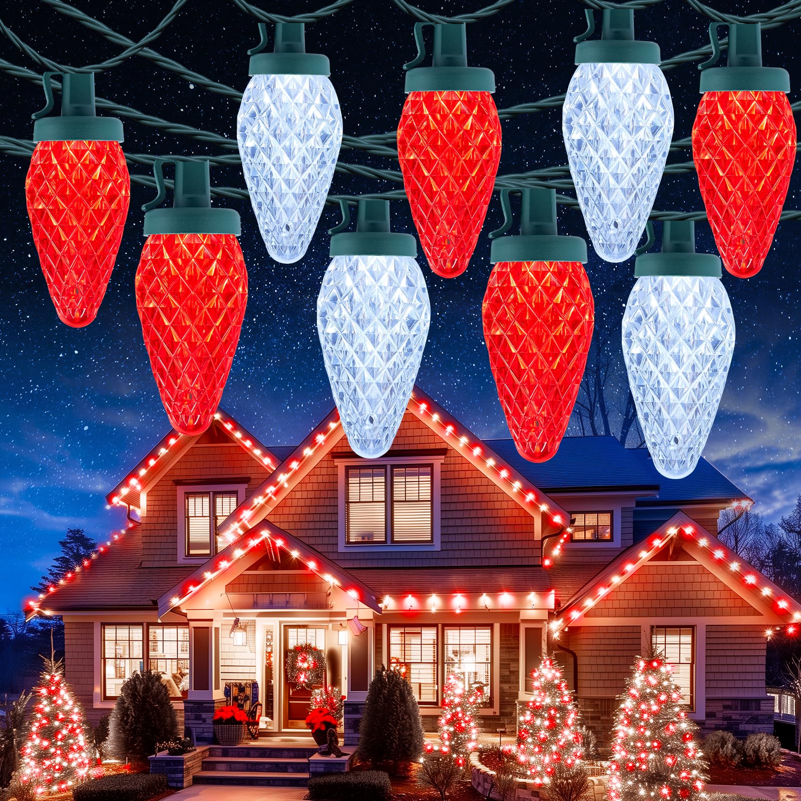 C9 Christmas Lights Outdoor Waterproof  114 Feet 150 Led C9 String Light With Timer & 8 Light Mode  Connectable Christmas Tree Lights For House Outside Roofline Indoor Decoration  Red & Pure White