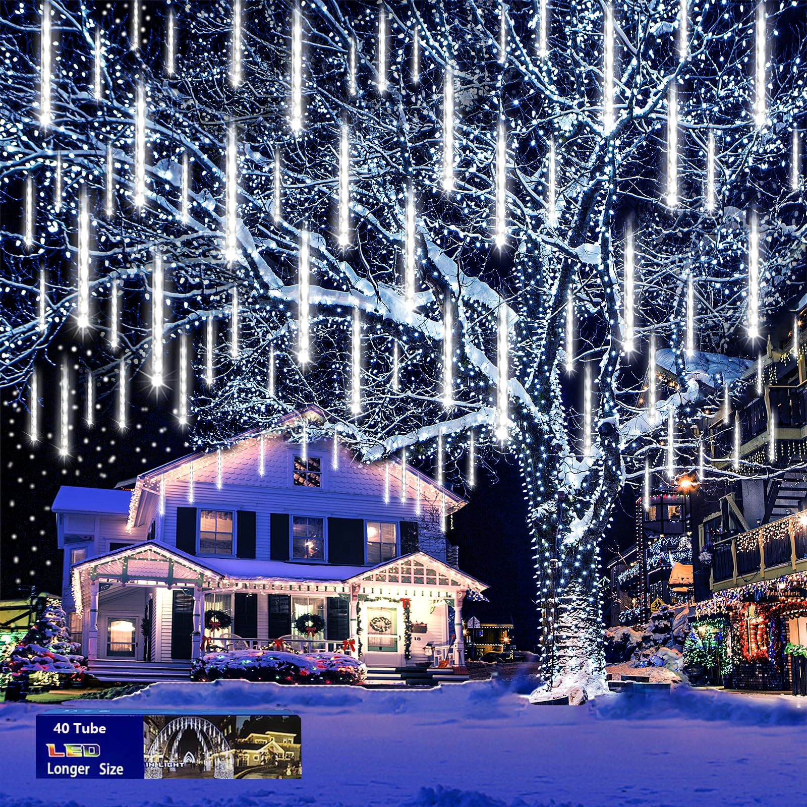 Purtuemy Outdoor Christmas Lights: 40 Tube(Equivalent To 5 Sets Of 8-Tubes) Meteor Shower Rain Lights - Waterproof Christmas Halloween Decorations For Yard Outside Tree Roof  White