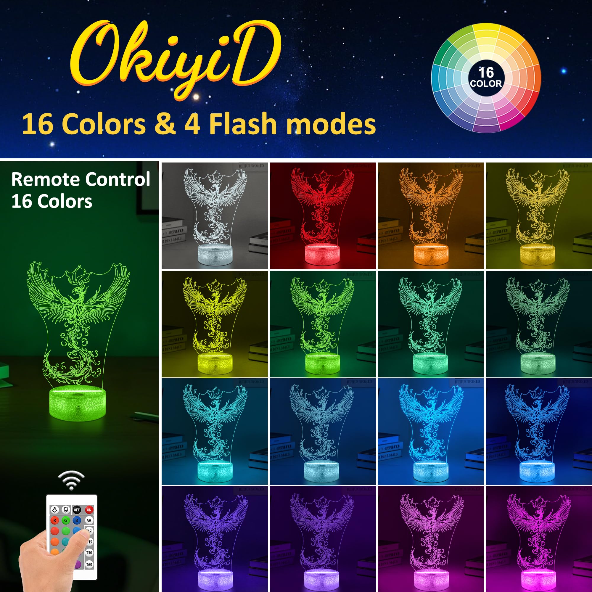 OkiyiD Phoenix Night Light 3D Illusion Lamp with Remote Control, 16 Colors, Acrylic, Blue, Model DL-OK100