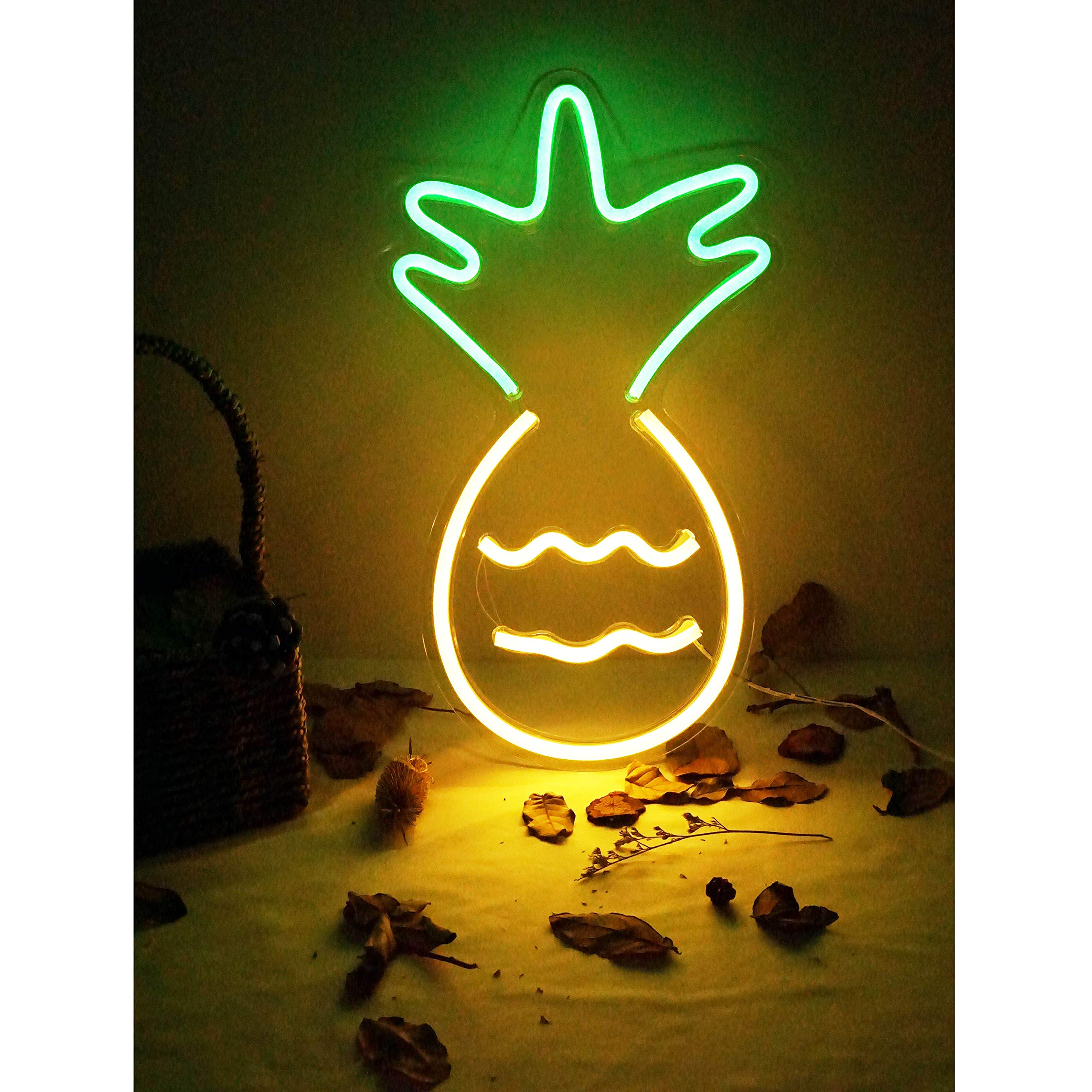 NiniTe LIGHTS Pineapple Neon Sign, LED Night Light, USB Powered Wall Decor, Yellow/Pink/Blue/Green