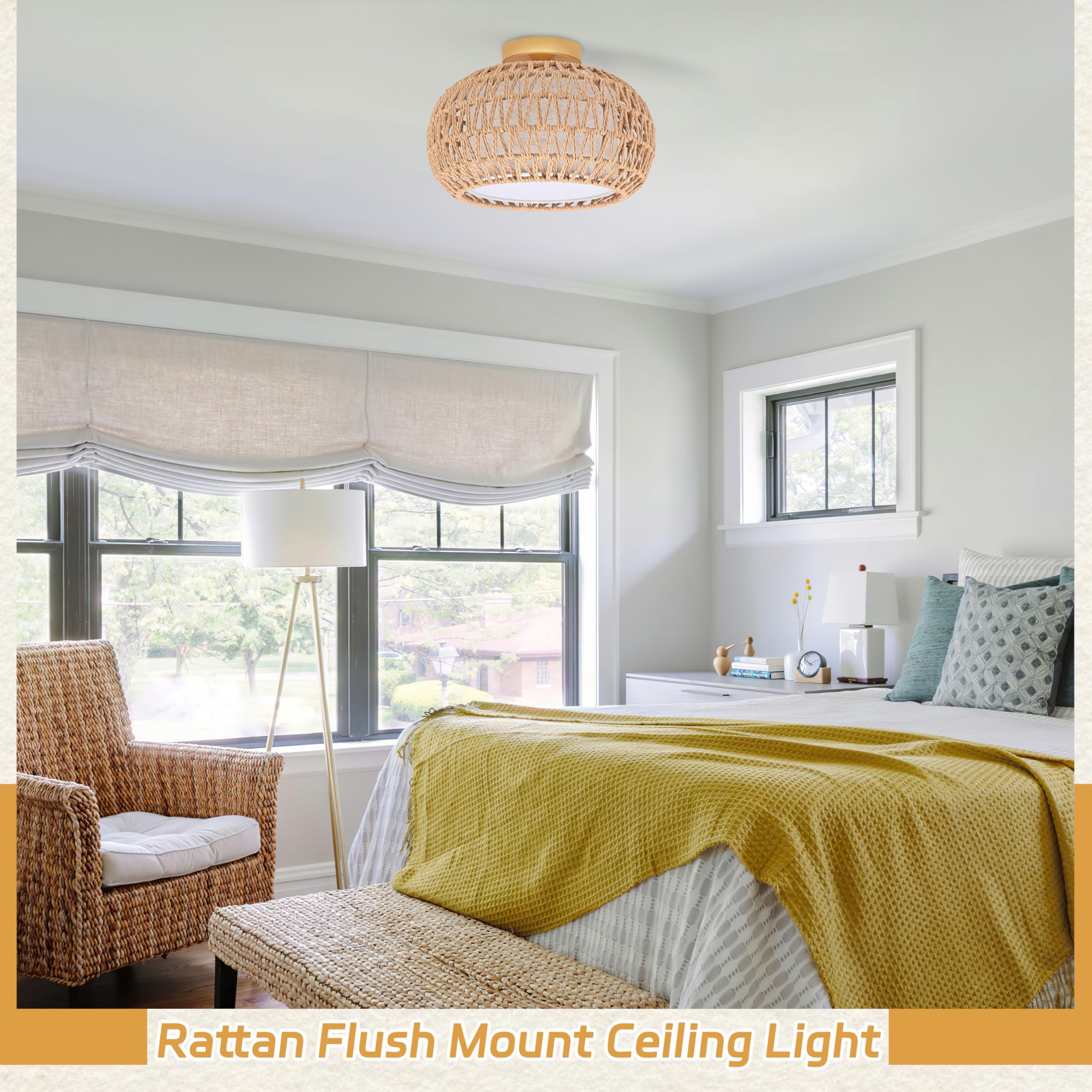 3-Light Rattan Flush Mount Ceiling Light Fixture,12'' Farmhouse Ceiling Lights For Bedroom,Farbic Shade Rattan Ceiling Light Boh