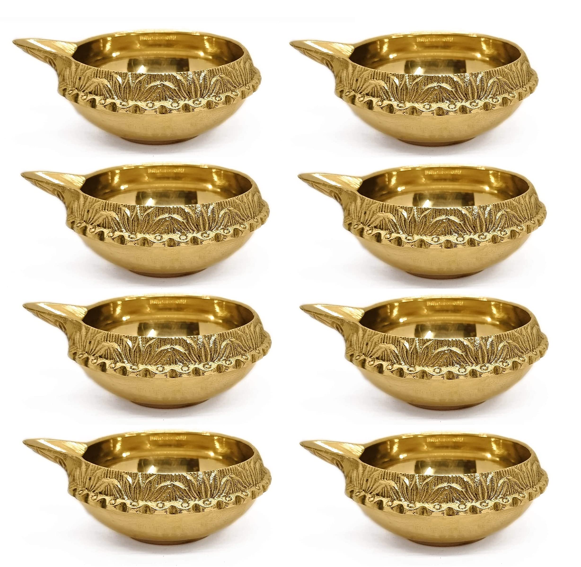 SATVIK 8 pc Kuber Diya for Diwali Decoration. Handmade Oil Lamp with Golden Engraved Made of Virgin Brass Metal. Diwali Diya Vil