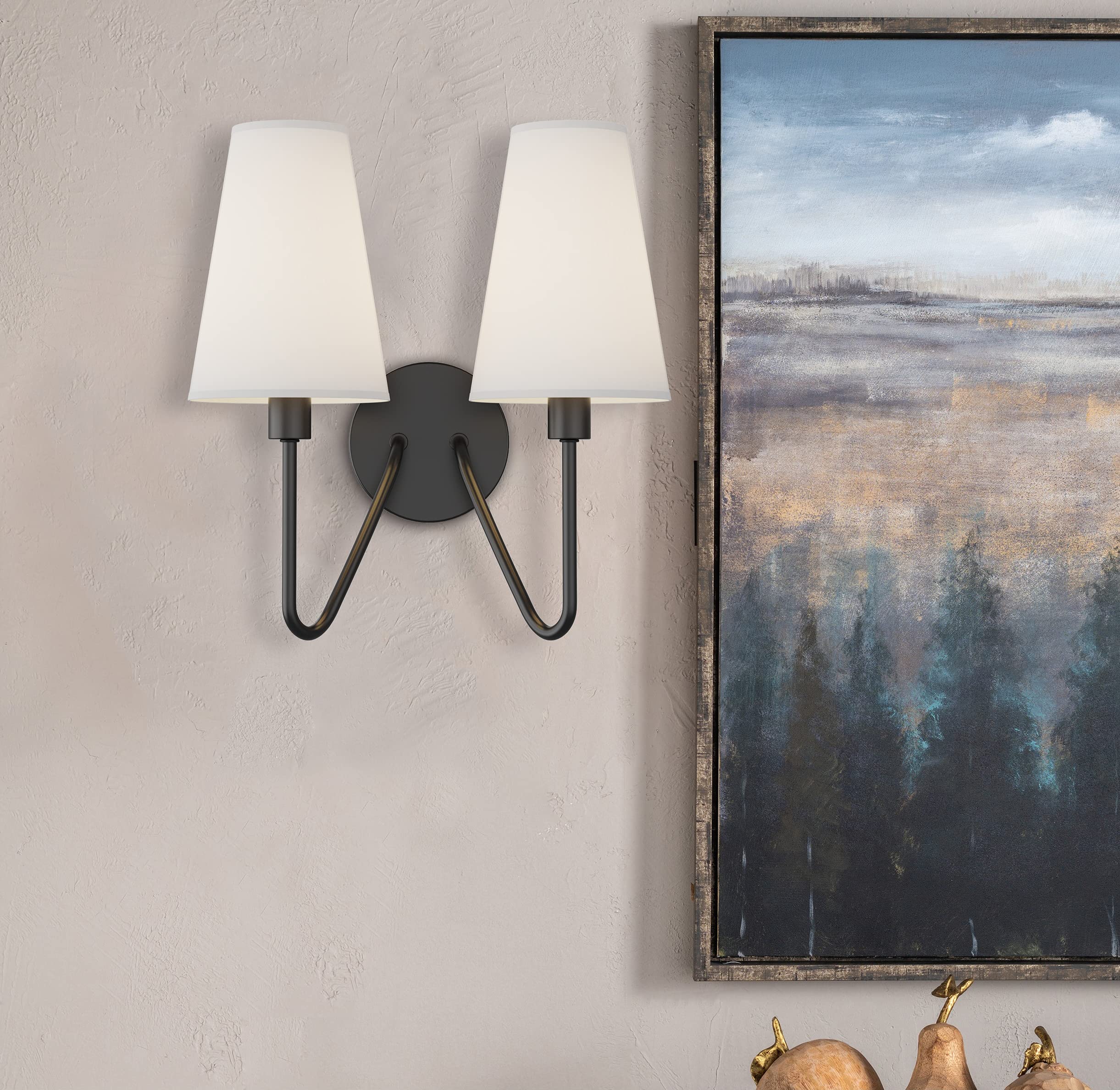 Electro Bp Double Head Classic Black Wall Sconce With Cream Linen Shades E12 80W