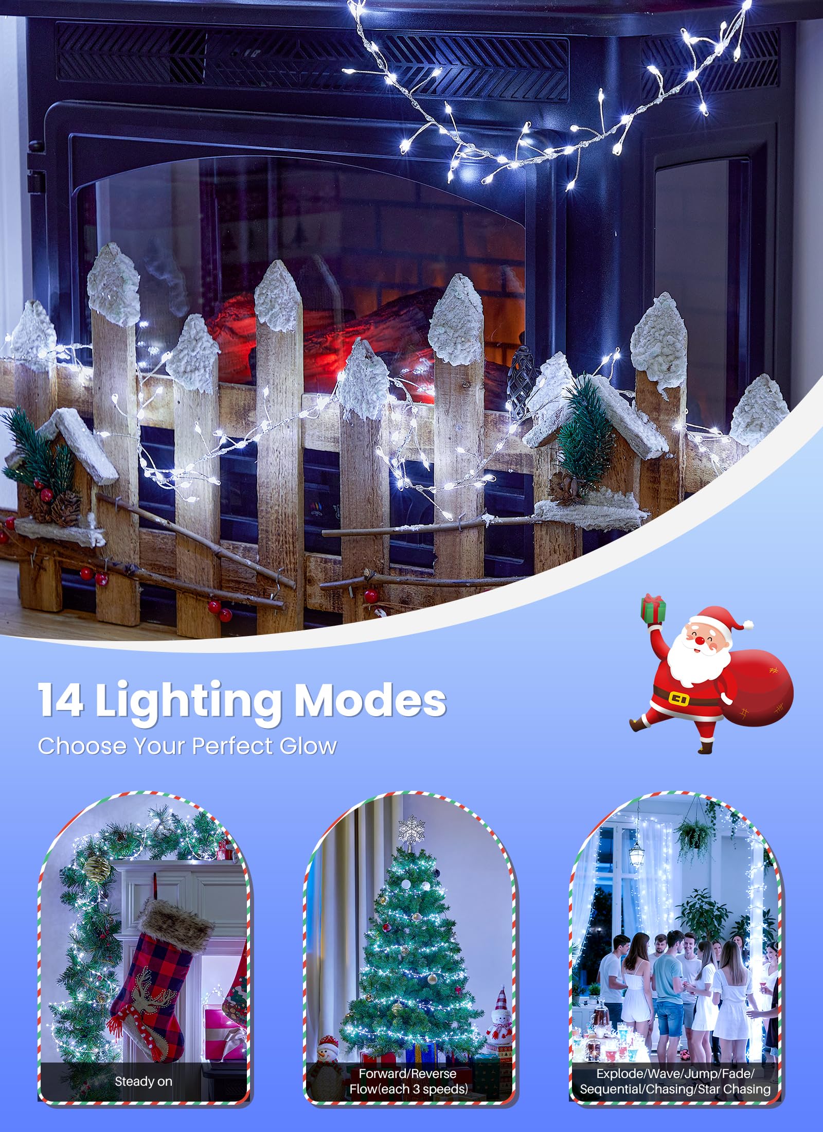 SmartDawn 10FT Cool White Flowing Fairy Lights - 388LED Twinkle String Lights for Indoor Christmas Decor, Waterproof Silver Wire