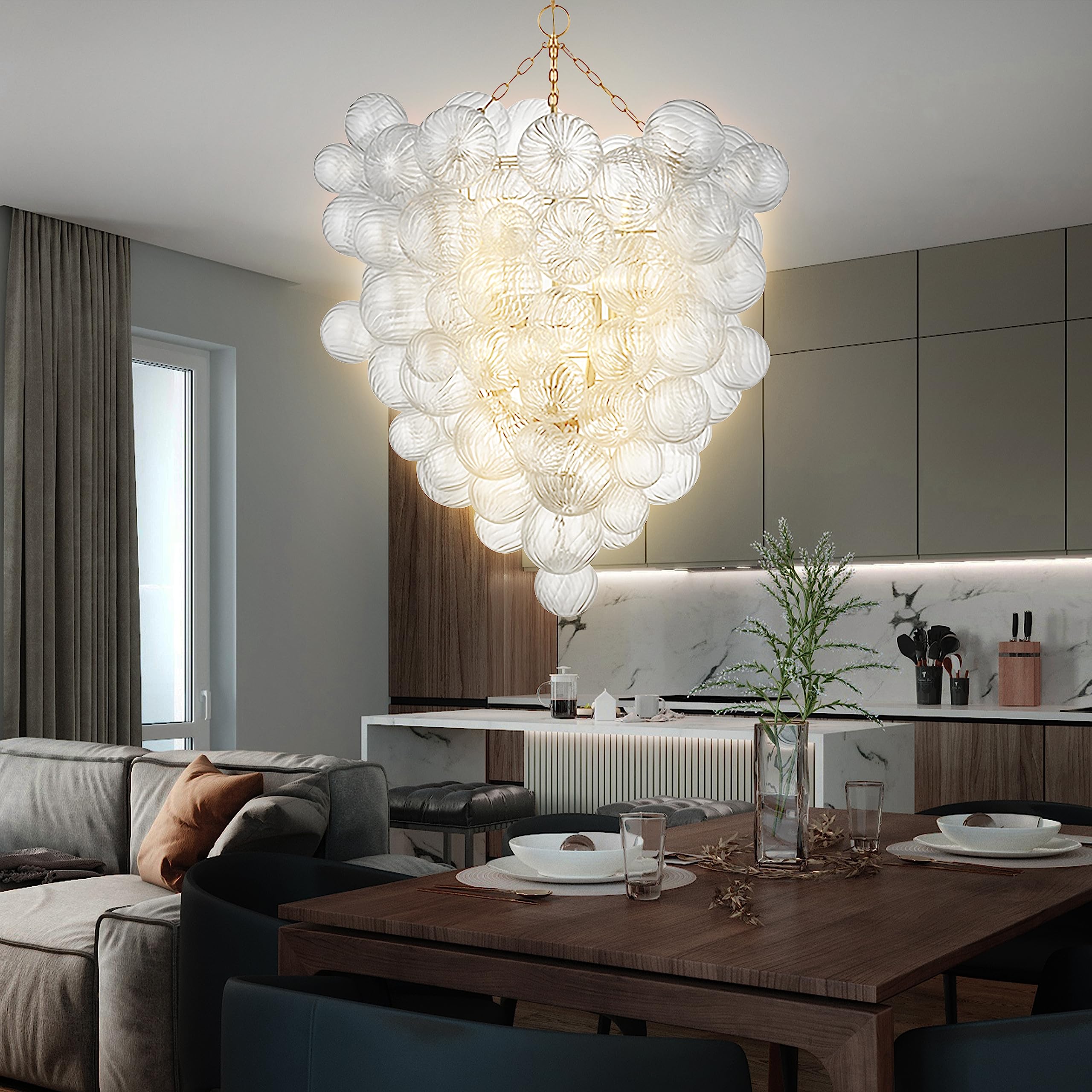 Longree Mid Century Bubble Ball Swirled Glass Chandelier, 2-Layer Cages Gild Gold And Clear Blown Glass Large Pendant Light Fixt