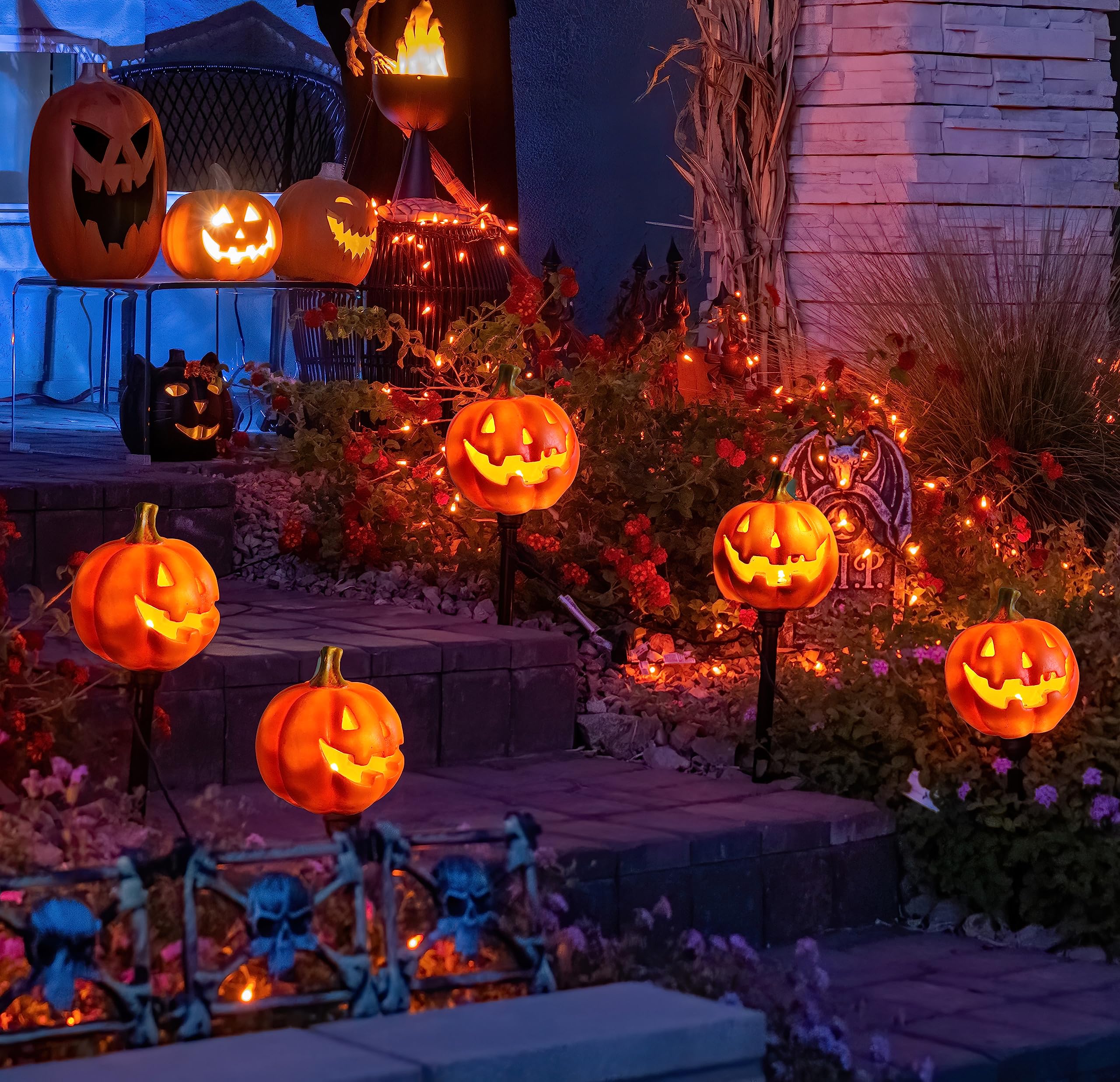Night-Gring 4 Pack Halloween Pumpkin Pathway Solar Lights, Orange Yard Stake String Lights Halloween Outdoor Decorations, Waterproof Led Pumpkin Halloween Décor Walkway Lights