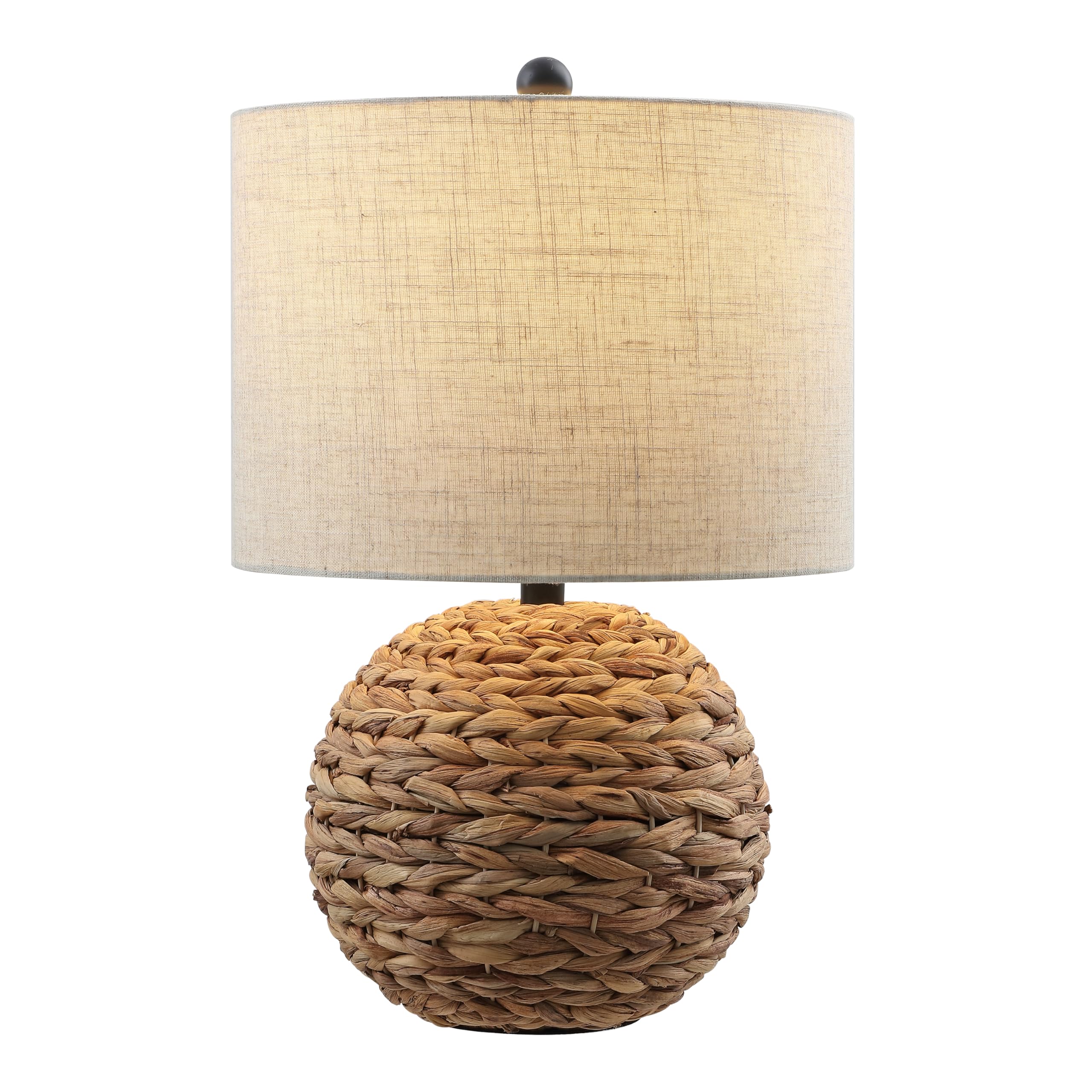 JONATHAN Y 21.5 Brown Modern Coastal Woven Rattan Globe LED Table Lamp for Bedroom, Oatmeal Linen Drum Shade, LED Bulb Included,