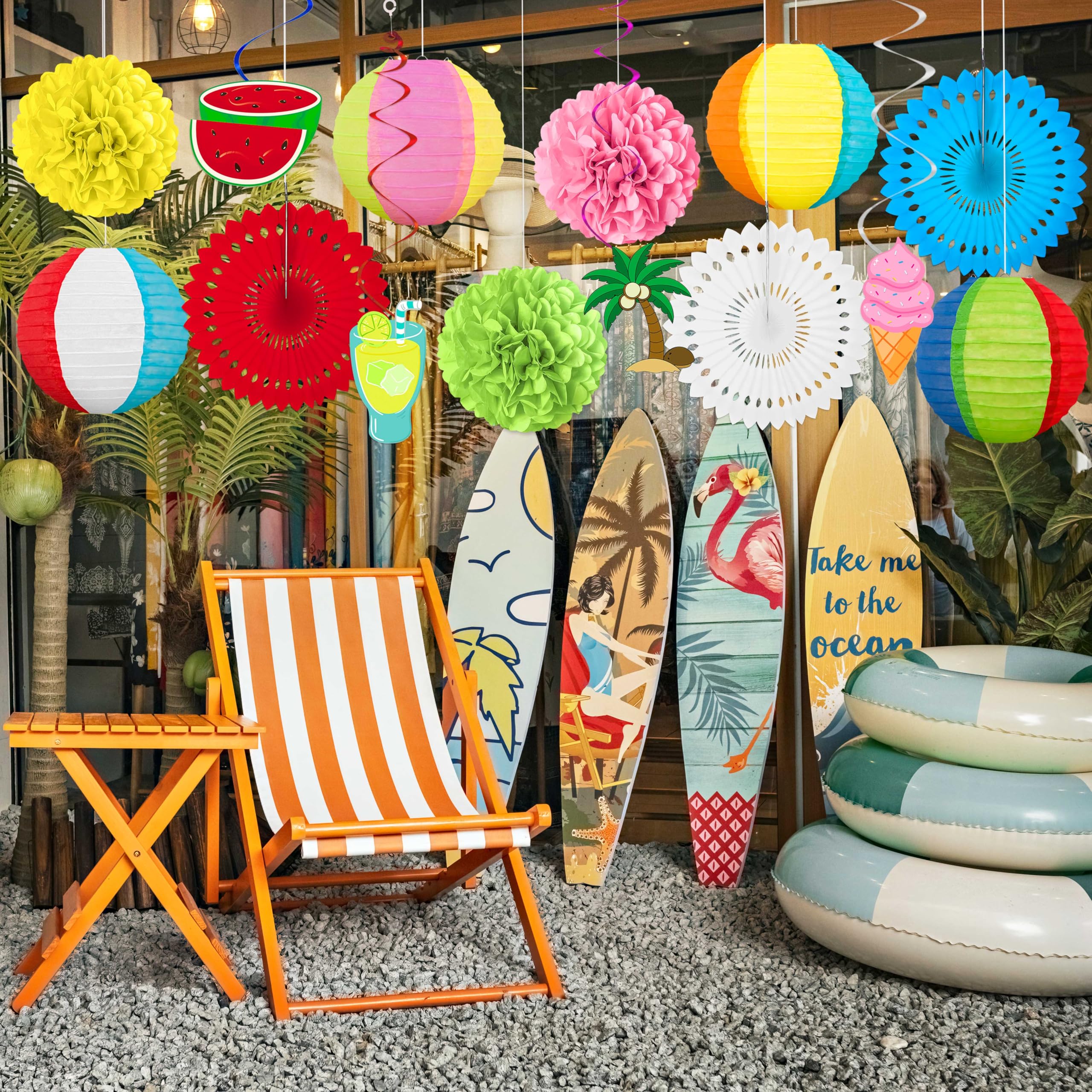 14Pcs Beach Party Decorations Paper Lanterns Fans Pom Poms Hanging Swirls - Luau Pool Summer Hawaiian Tropical Themed Decor For