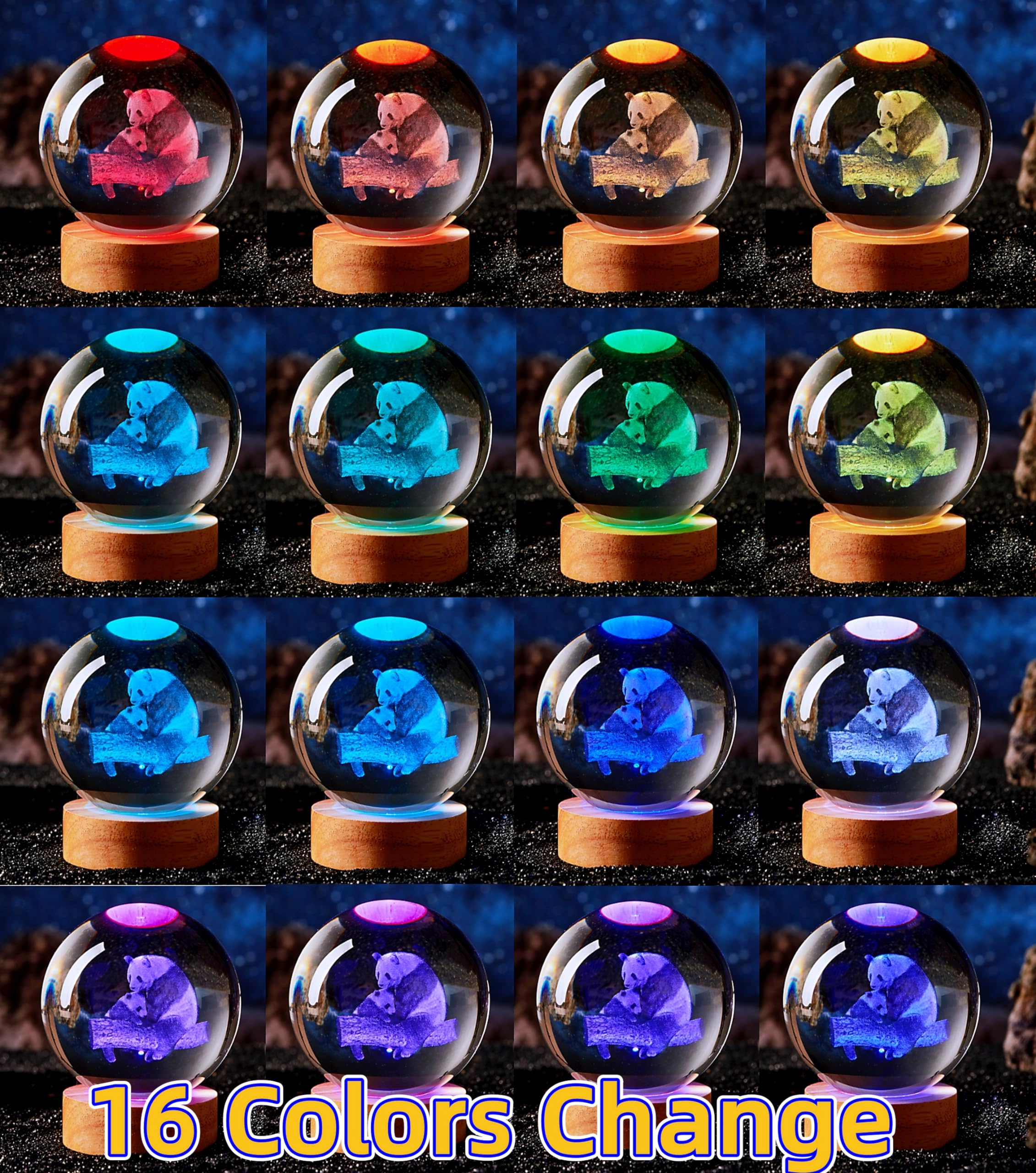 DIGFPWT Panda Night Light, 3D Crystal Ball with LED Base, 16 Colors, 3.15 Inch, Gift Box Packaging