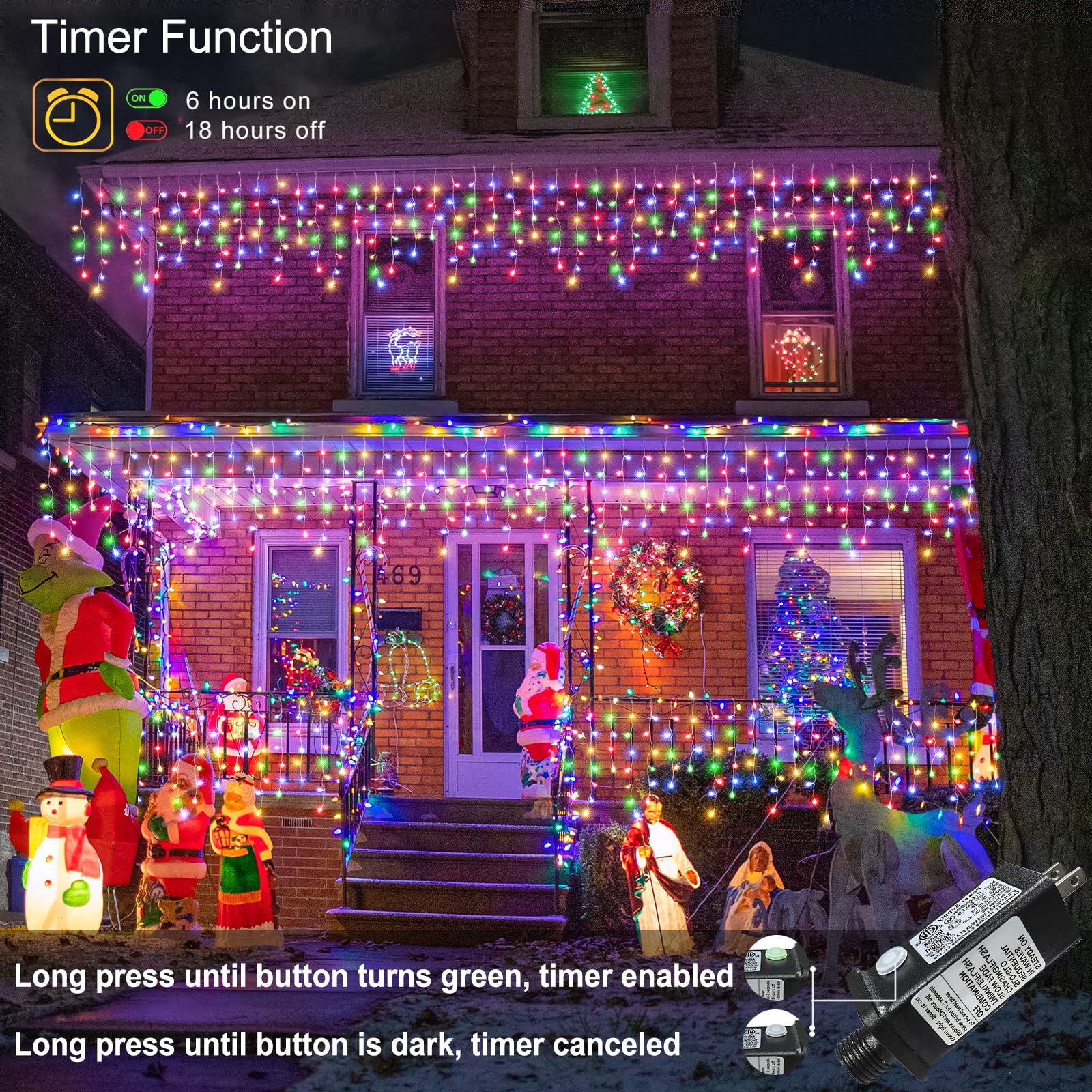 Nielfoi 66Ft Multicolor Led Icicle Lights, 640 Lights, Waterproof, 8 Modes For Holiday Decor