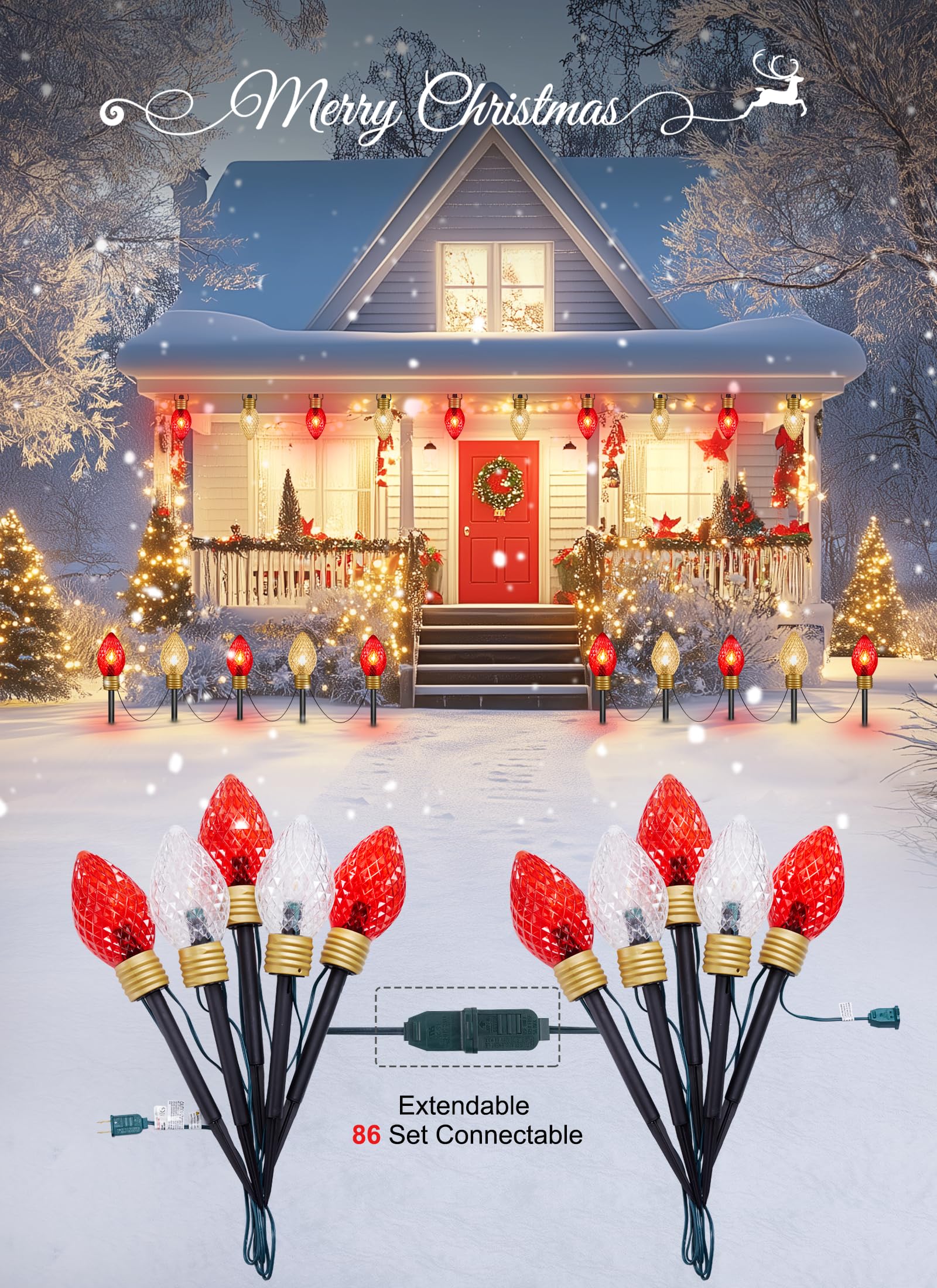 Moonflor Strawberry Jumbo C9 Christmas Lights Outdoor - 2 Pack Total 17Ft 10 Led Jumbo C9 Christmas Pathway Lights Outdoor, C9 Walkway Lights, Christmas Decoration For Outside Lawn, Red & Warm White