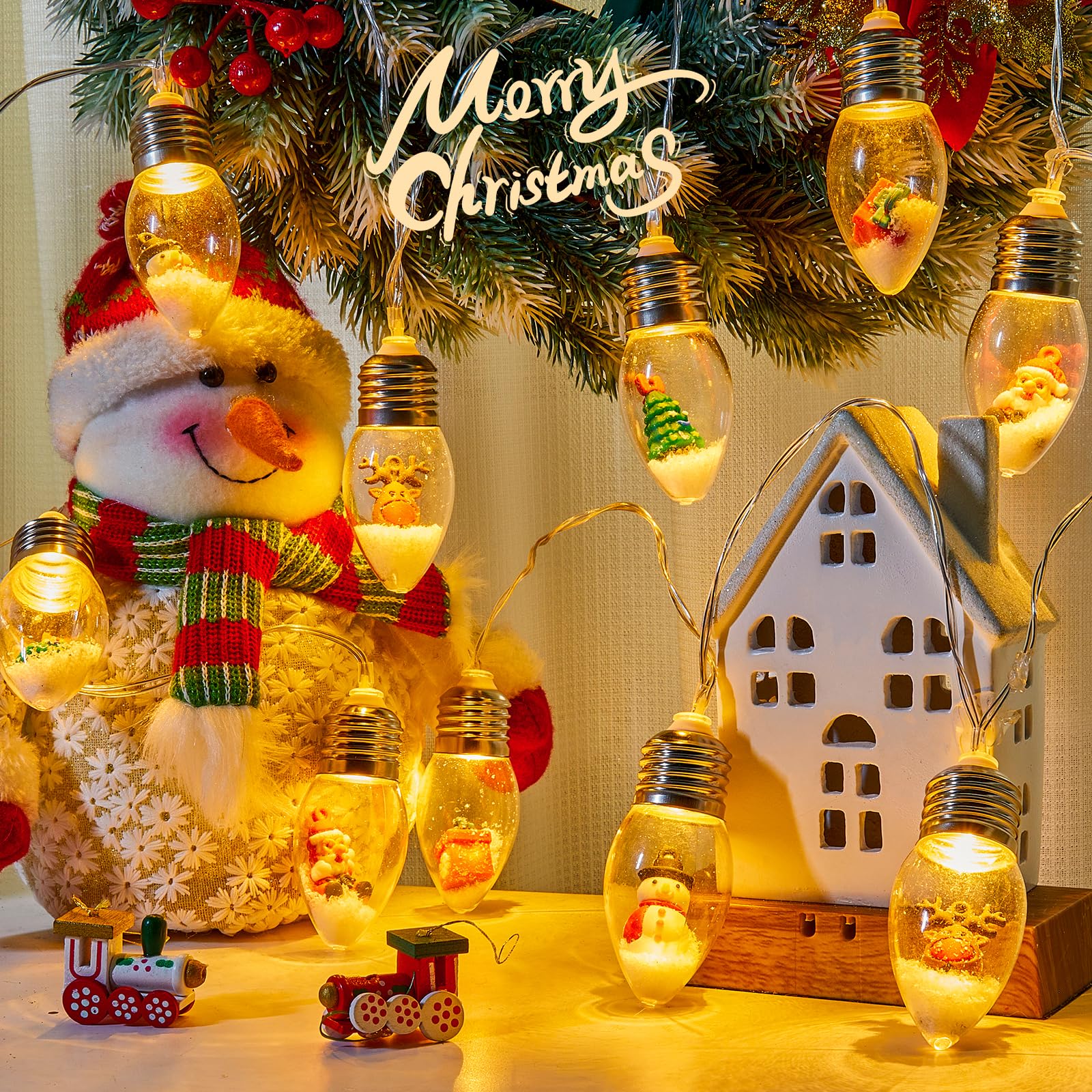Brightown Christmas Lights Indoor, 7.5Ft Christmas Snow Globe Lights With Santa & Gift & Cute Ornaments,Battery Powered String L
