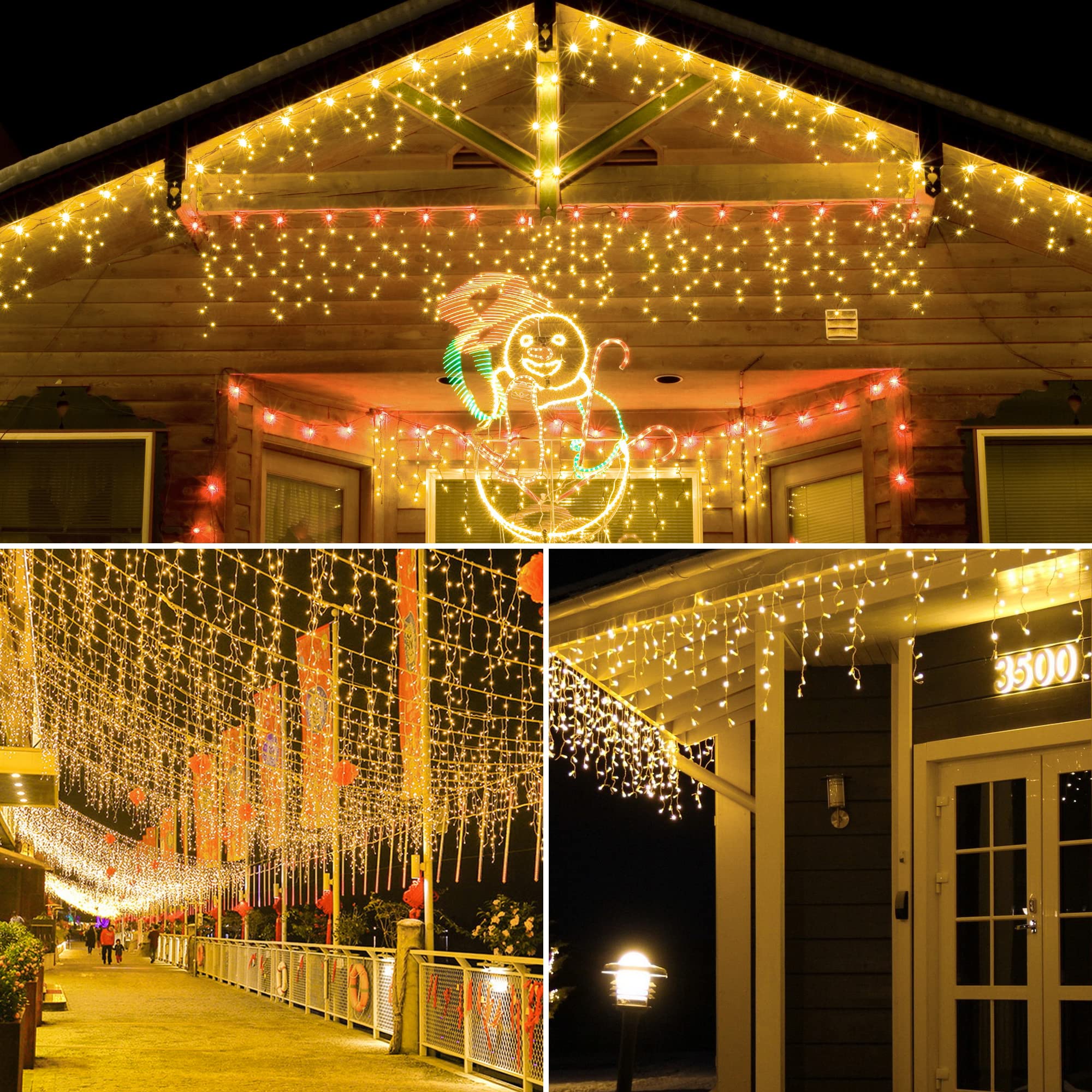 mimigogo 300 LED Solar Icicle Lights, 33ft, 8 Modes, Warm White, Outdoor String Lights for Christmas Holiday Wedding Party Decorations
