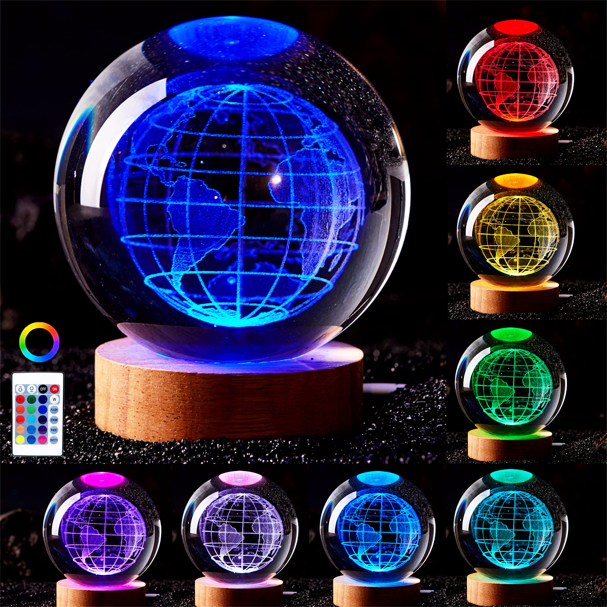 3D Earth Crystal Ball Lamp,3.15 inch K9 Crystal Ball Night Light with Wooden Base,Lifelike 3D LED Night Light,16 Colors Changing
