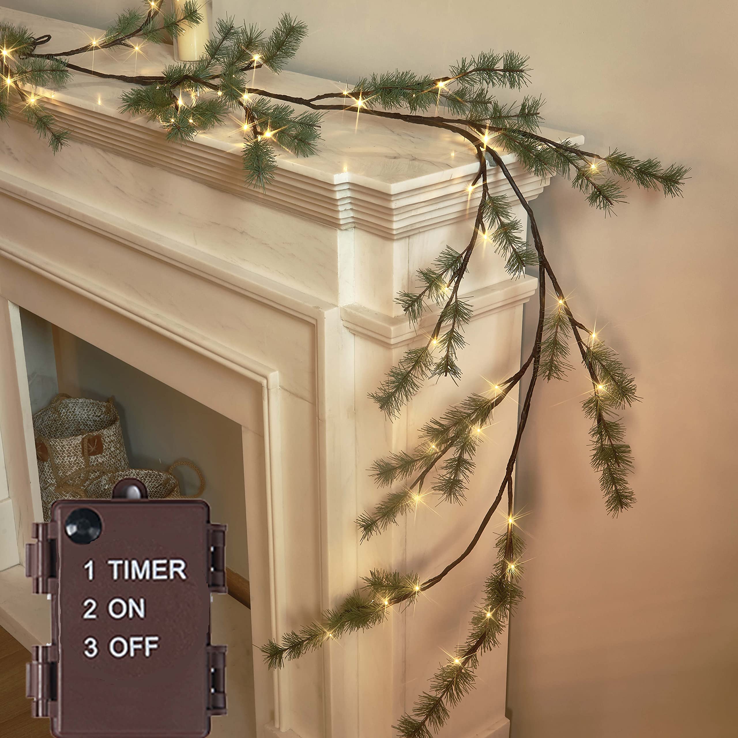 Hairui Lighted Pine Garland Battery Operated with Timer 6FT 48 Lights, Christmas Garland with Lights for Indoor Outdoor Home Hol