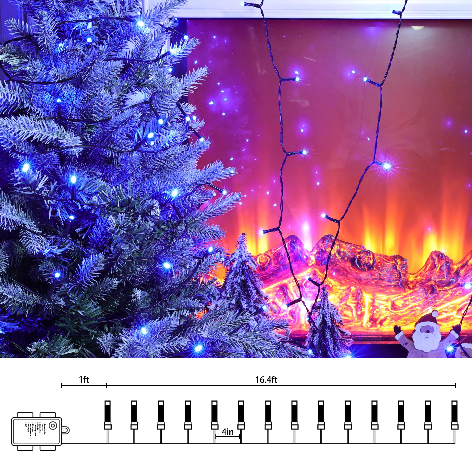 Lomotech Battery Operated Christmas Lights - 4 Pack Total 66Ft 200Leds String Lights 8 Modes Waterproof With Timer For Home  Garden  Party  Holiday  Tree Decoration (Green Wire  Blue)