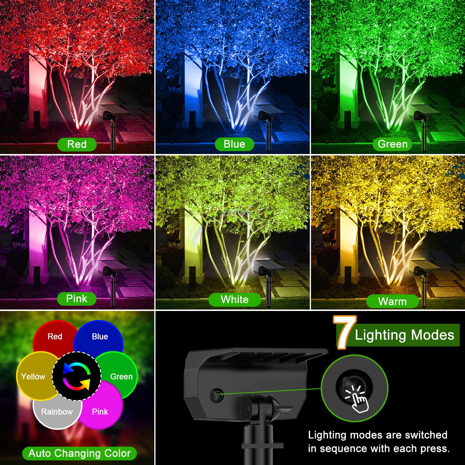 Lansow Color Changing Solar Spot Lights, 7 Modes, 4 Pack, Waterproof Landscape Flood Lights